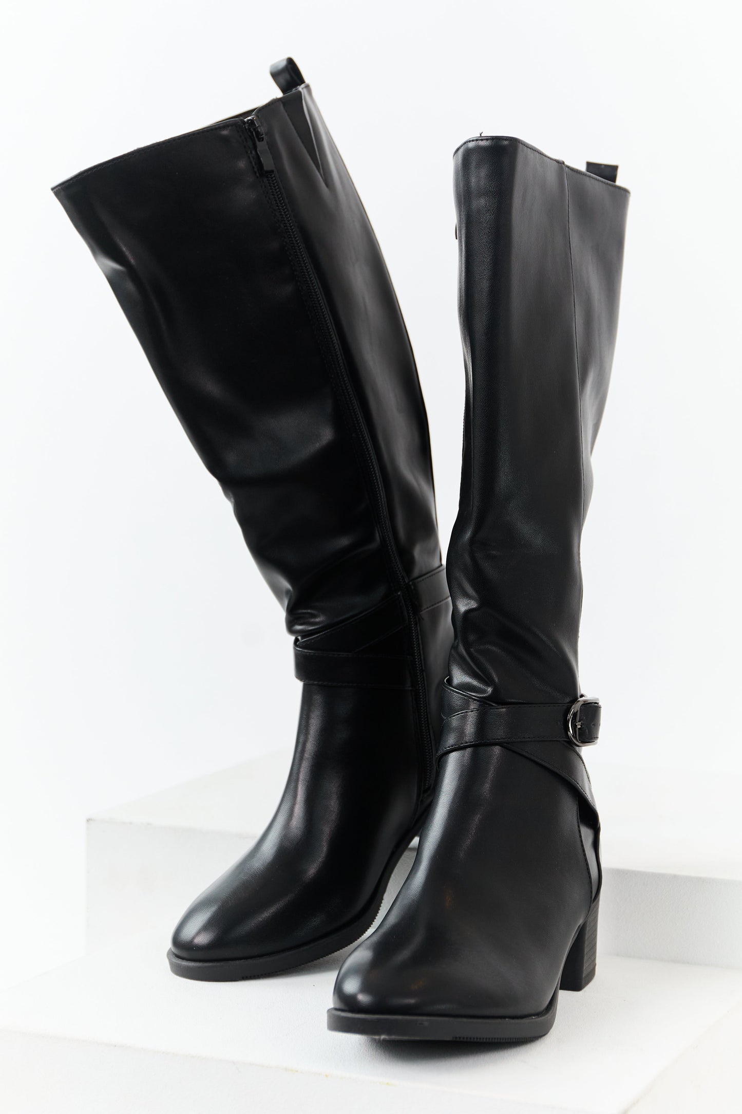Black Faux Leather Knee High Block Heel Boots
