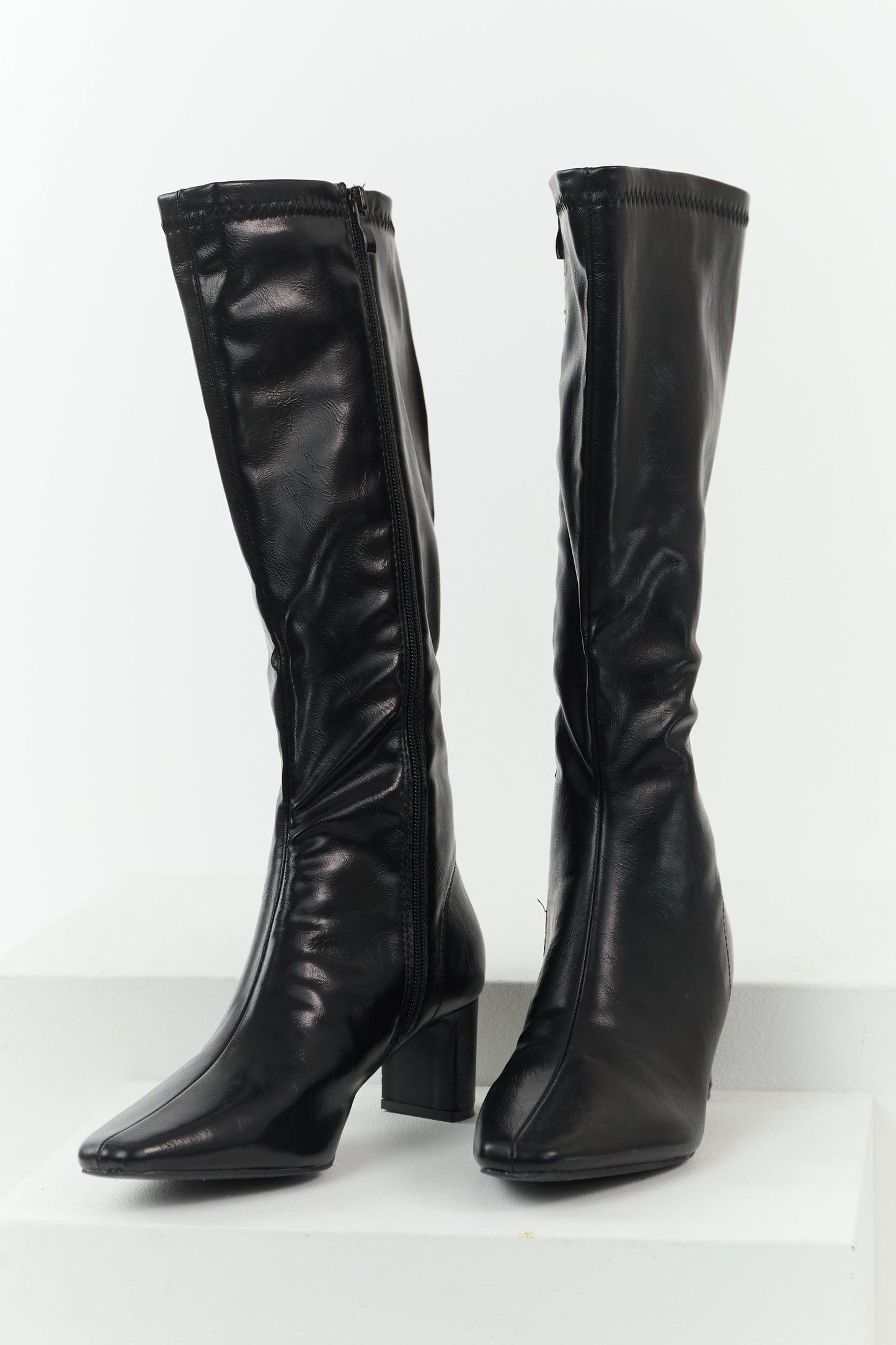 Black Faux Leather Pointed Toe Tall Block Heel Boots