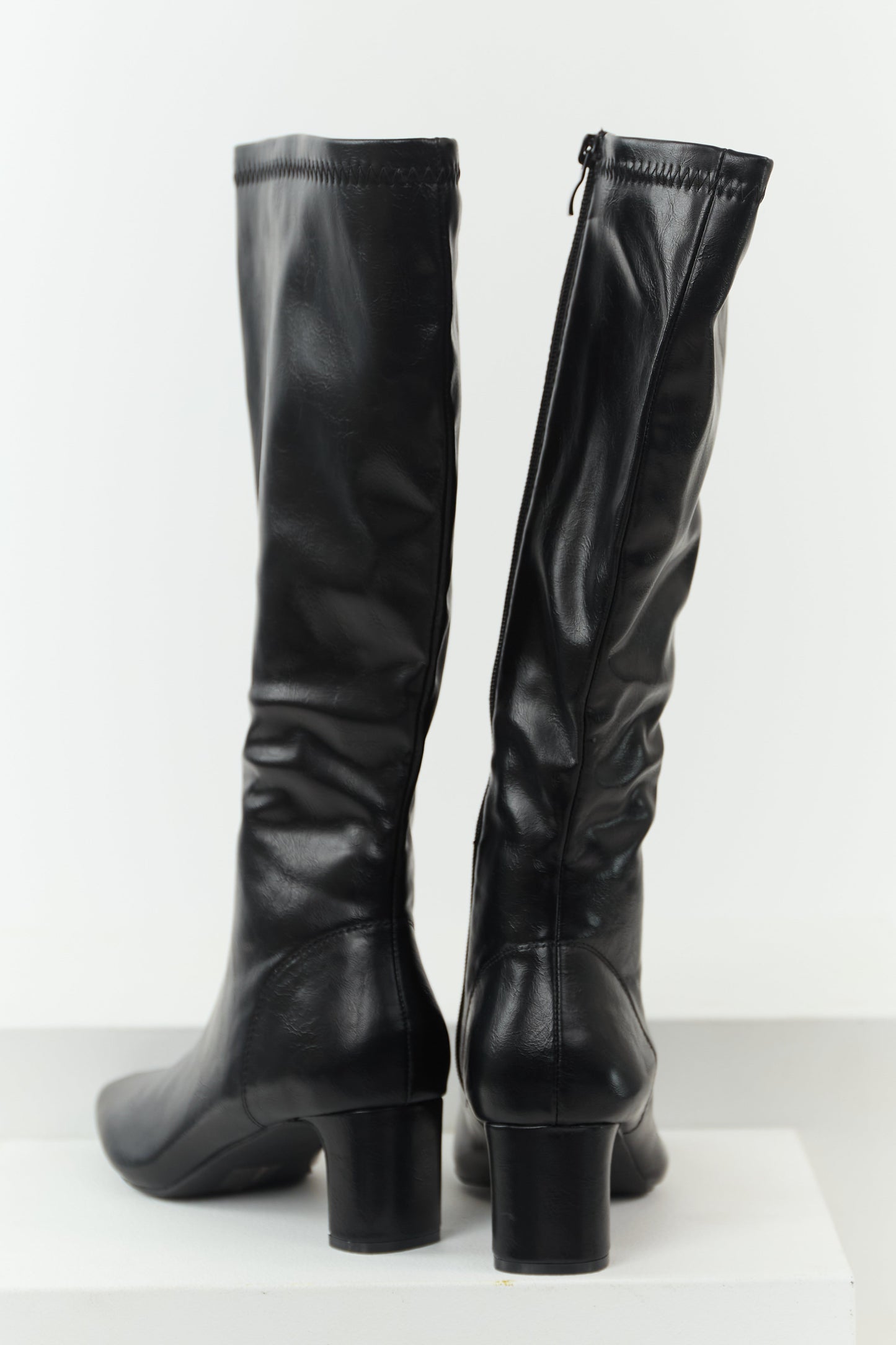 Black Faux Leather Pointed Toe Tall Block Heel Boots