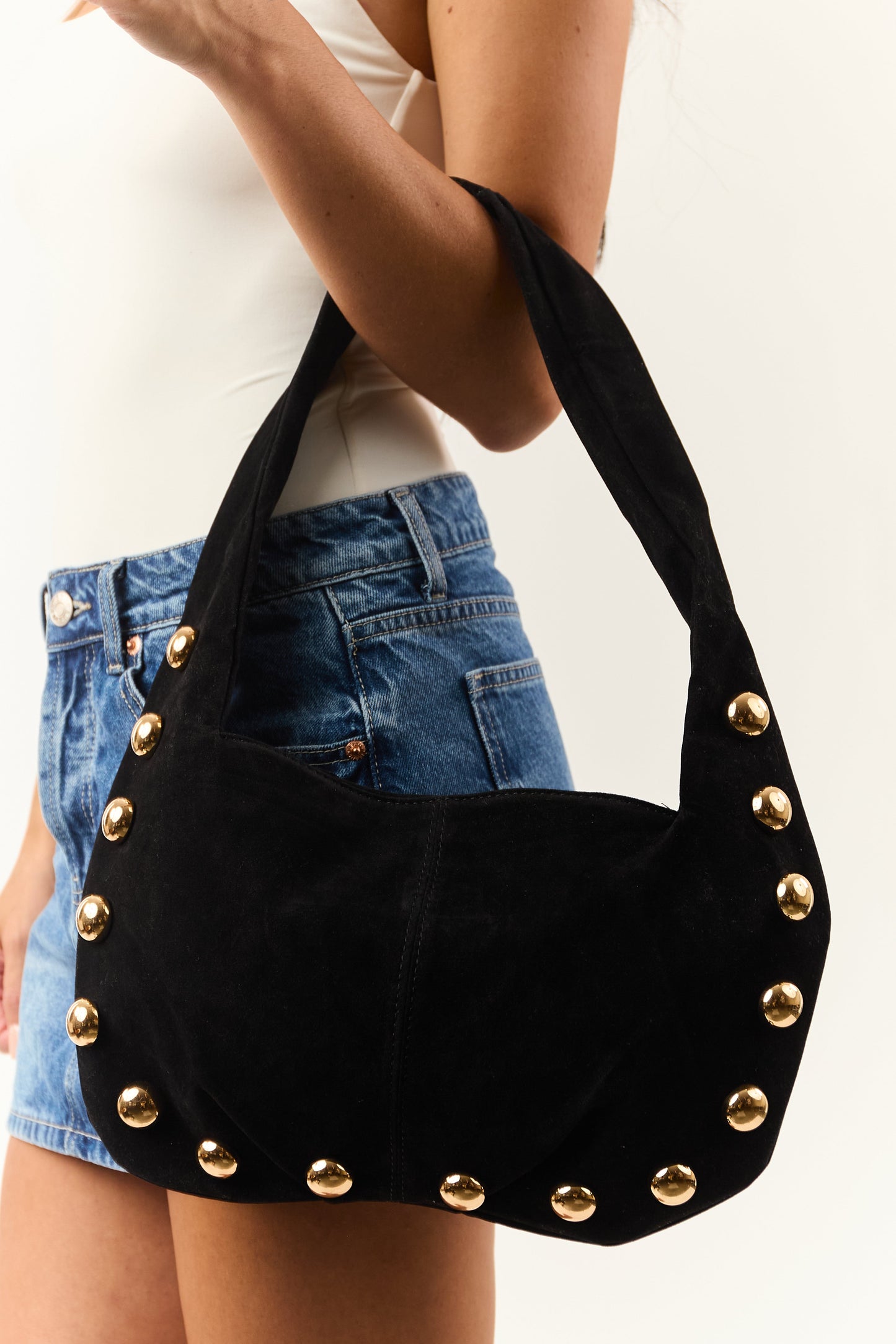 Black Faux Suede Gold Studded Shoulder Bag
