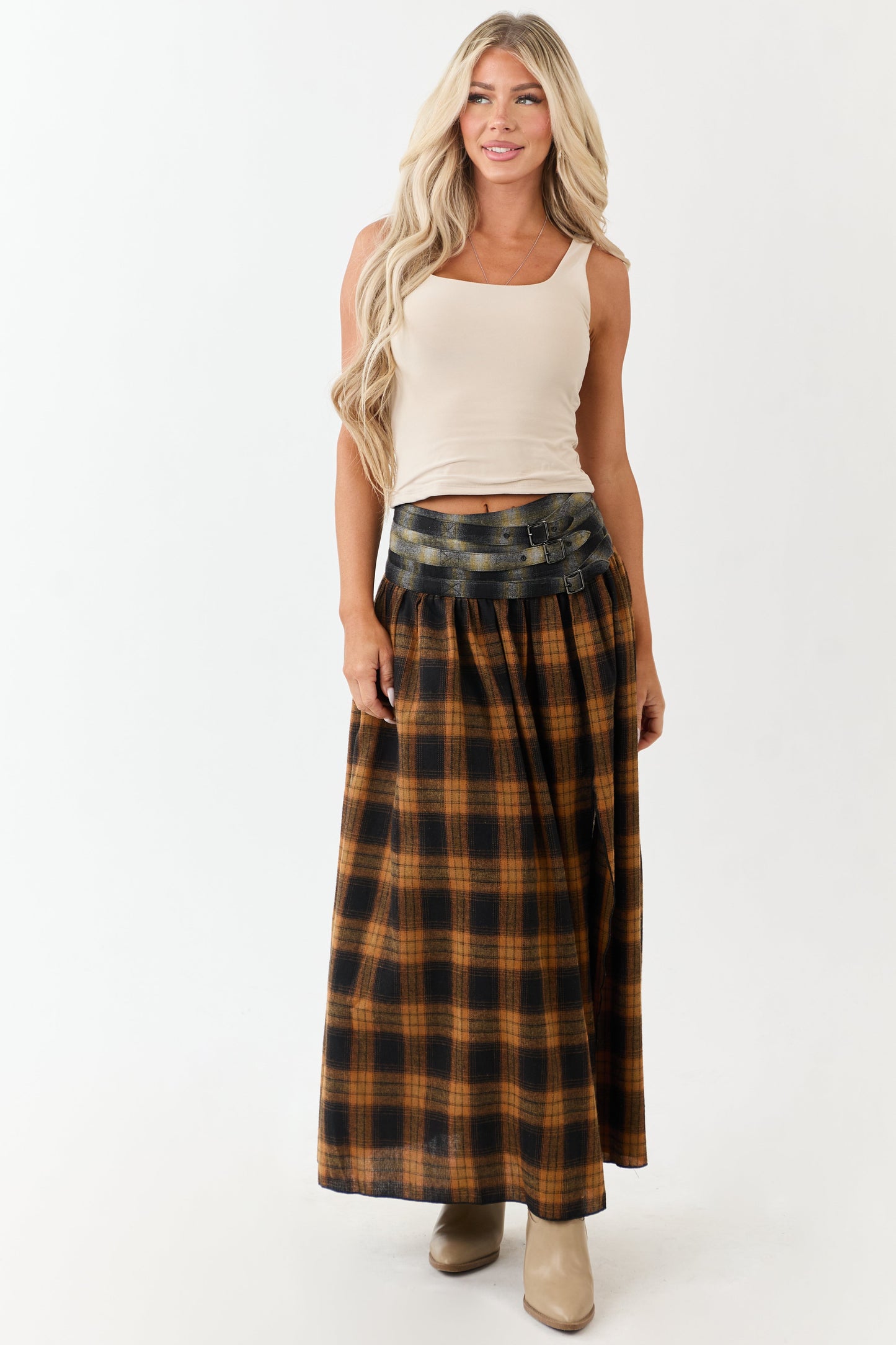 Caramel Plaid Contrast Belt Waist Maxi Skirt