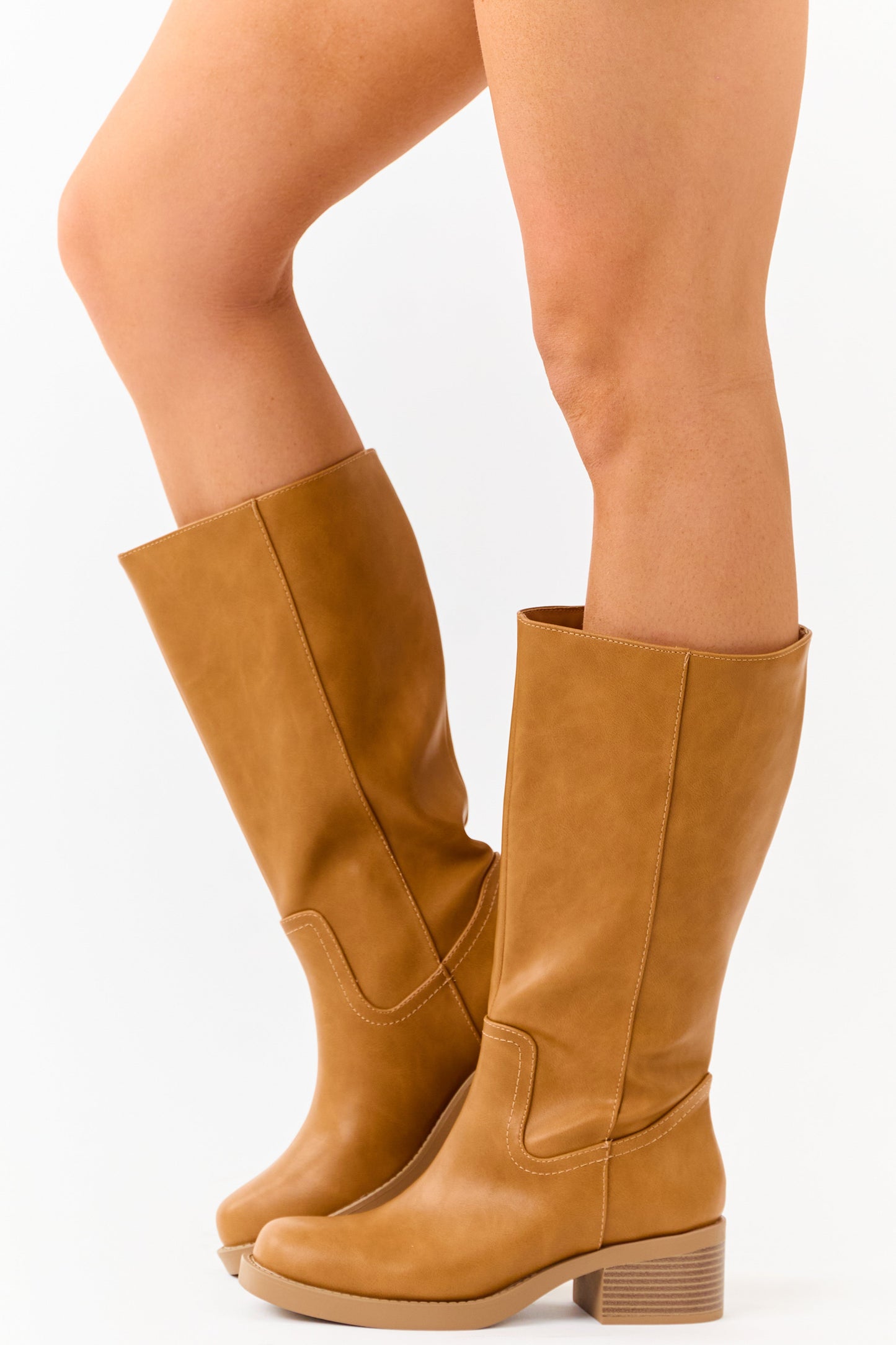 Caramel Faux Leather Block Heel Tall Riding Boots