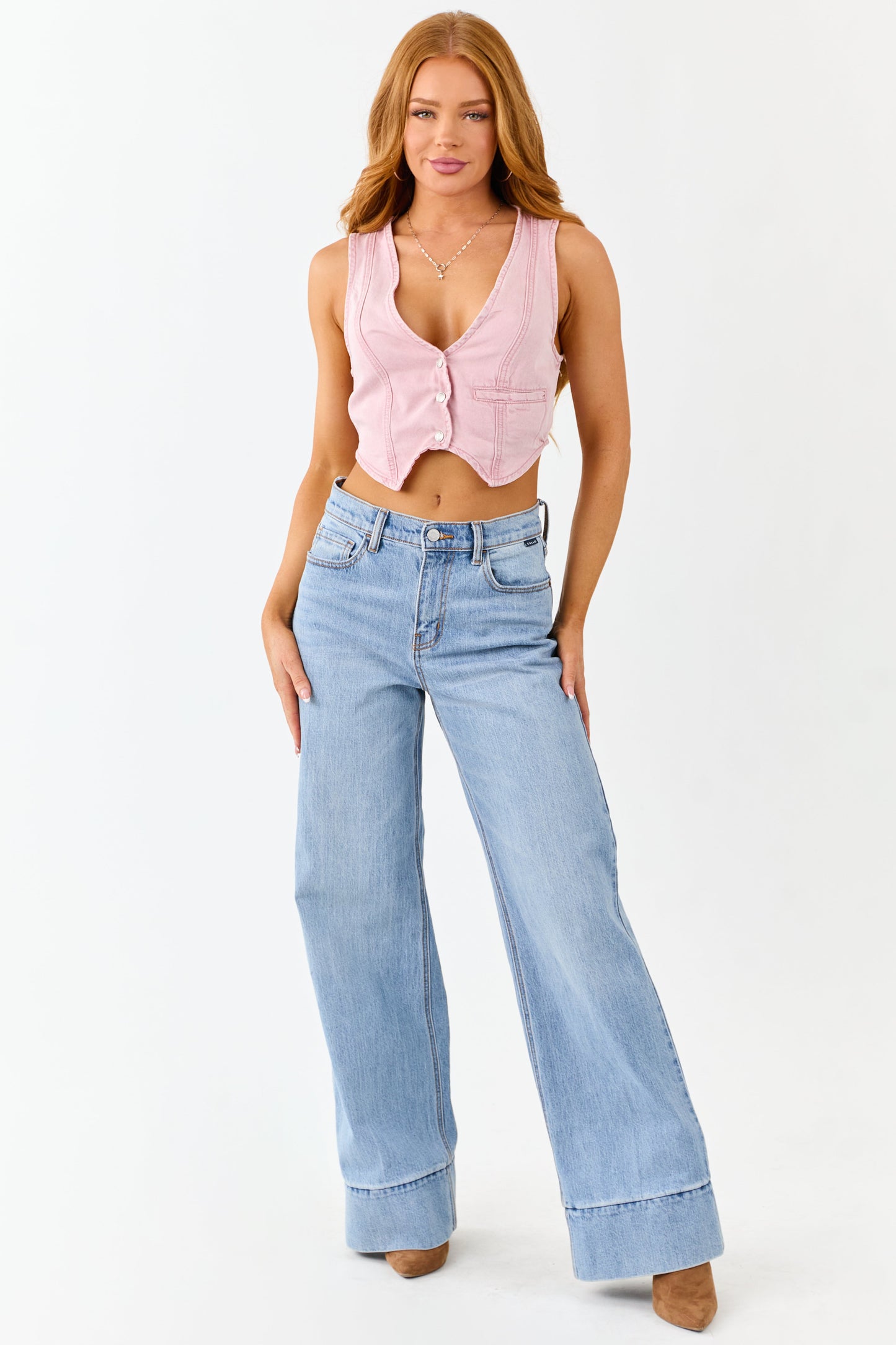 Carnation Button Down Lightweight Denim Crop Vest