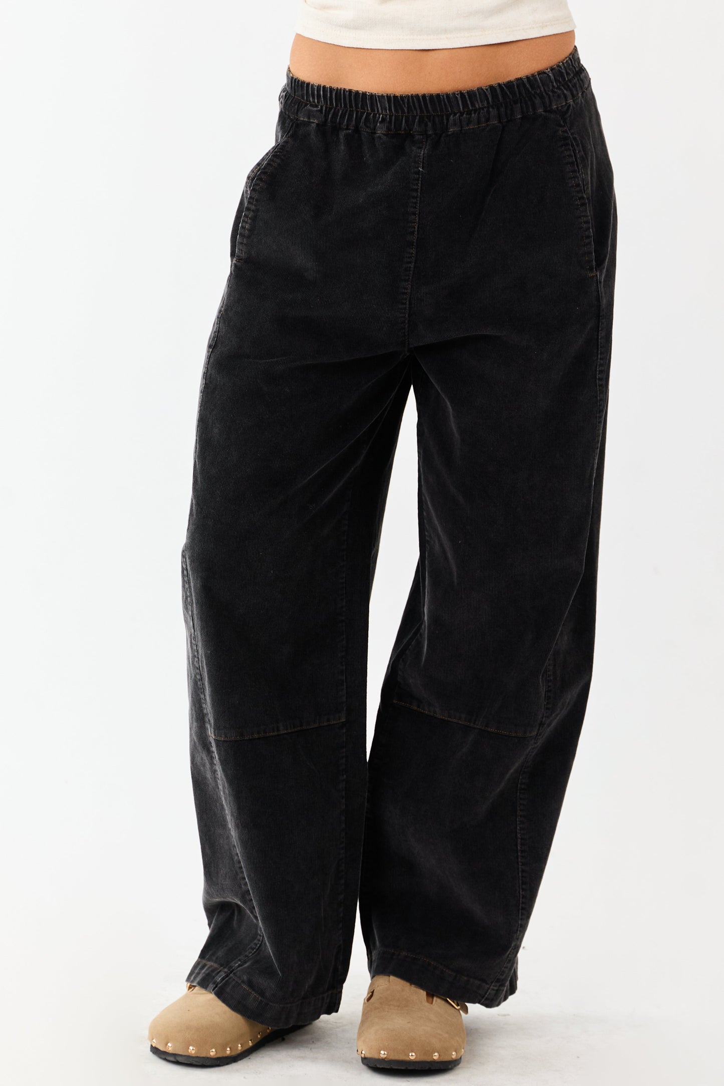Charcoal Stone Washed Corduroy Wide Leg Pants
