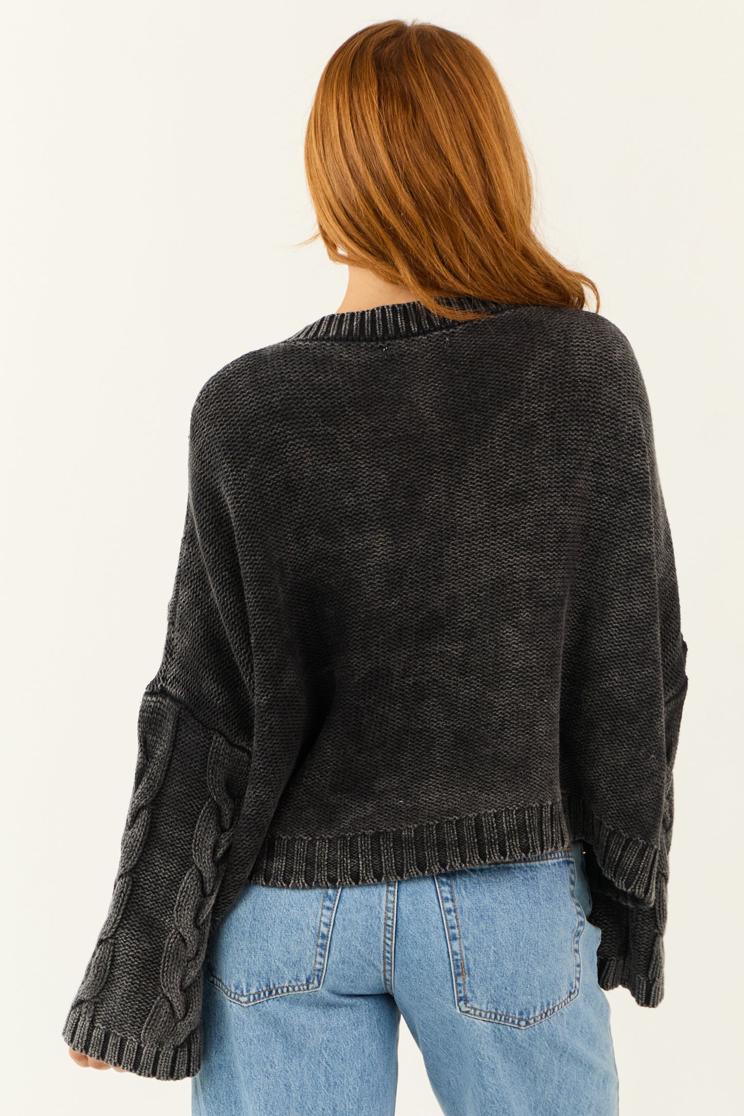 Charcoal Mineral Wash V Neck Cable Knit Sweater