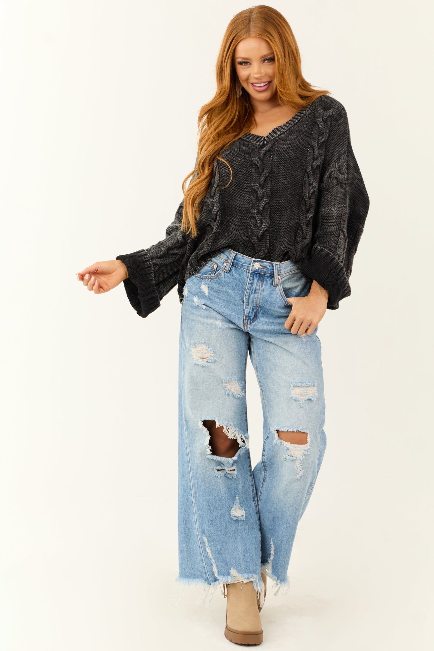Charcoal Mineral Wash V Neck Cable Knit Sweater