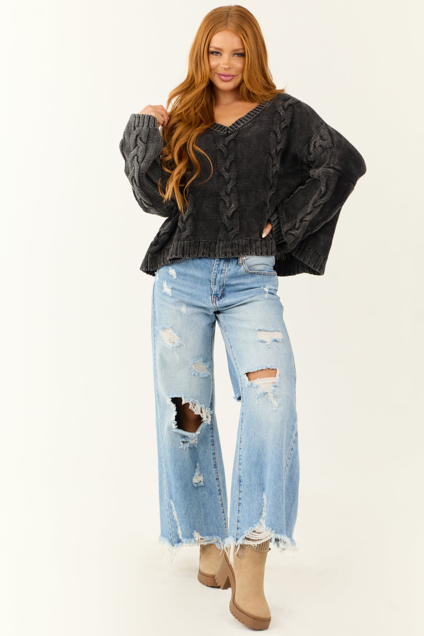 Charcoal Mineral Wash V Neck Cable Knit Sweater