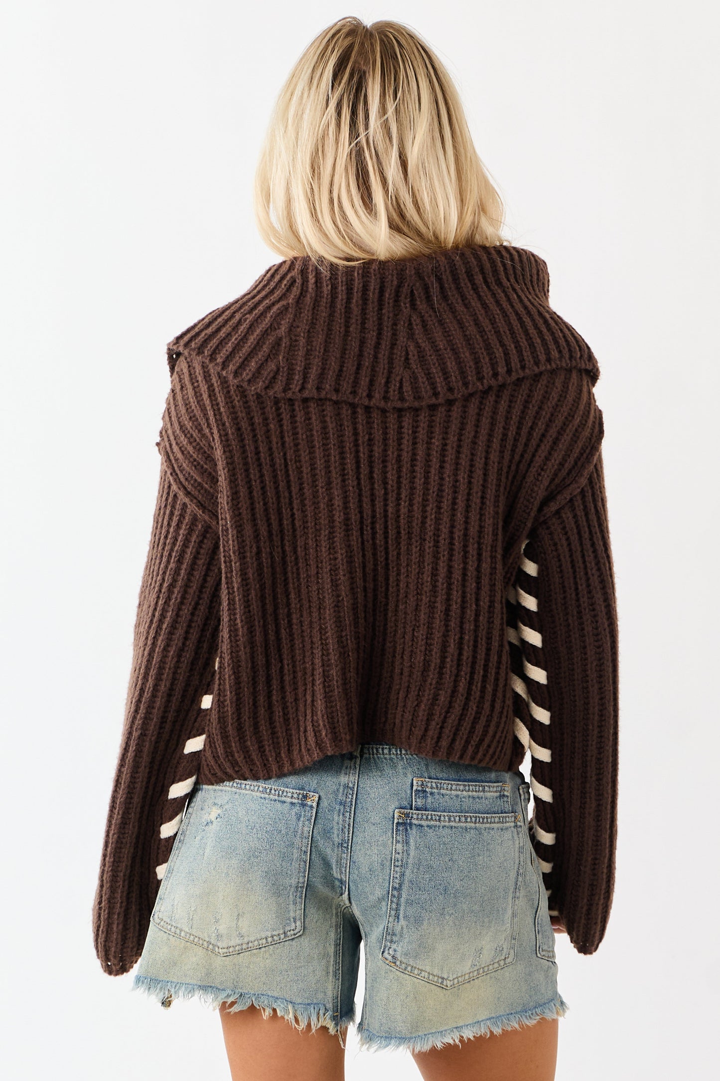 Chocolate Contrast Stitching Rib Knit Cardigan