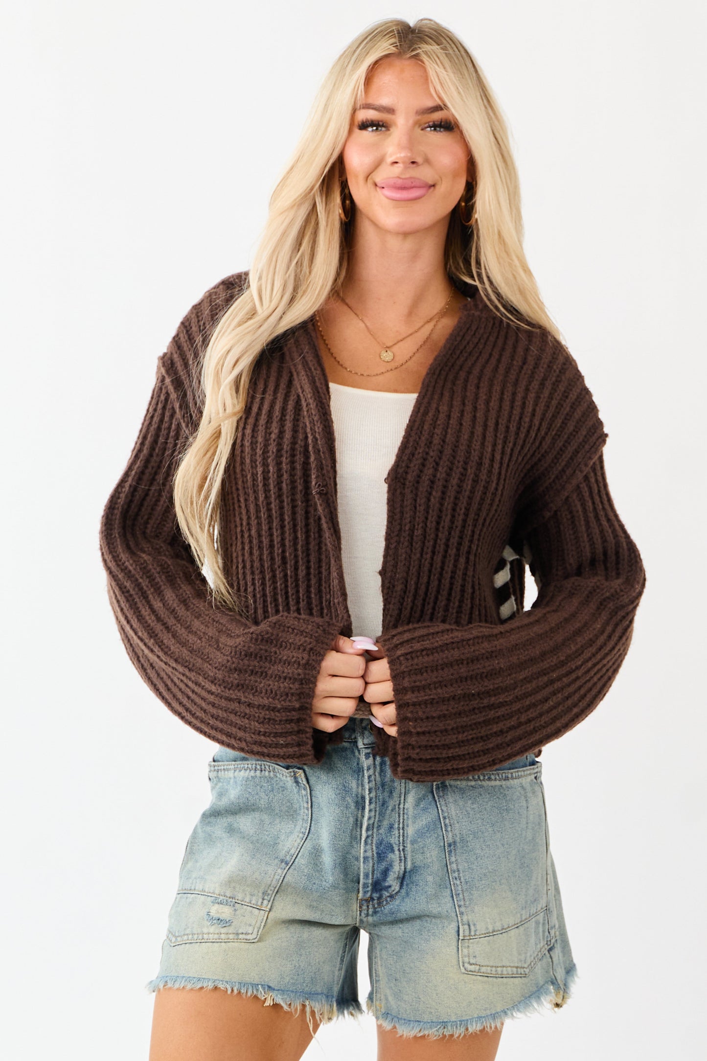 Chocolate Contrast Stitching Rib Knit Cardigan