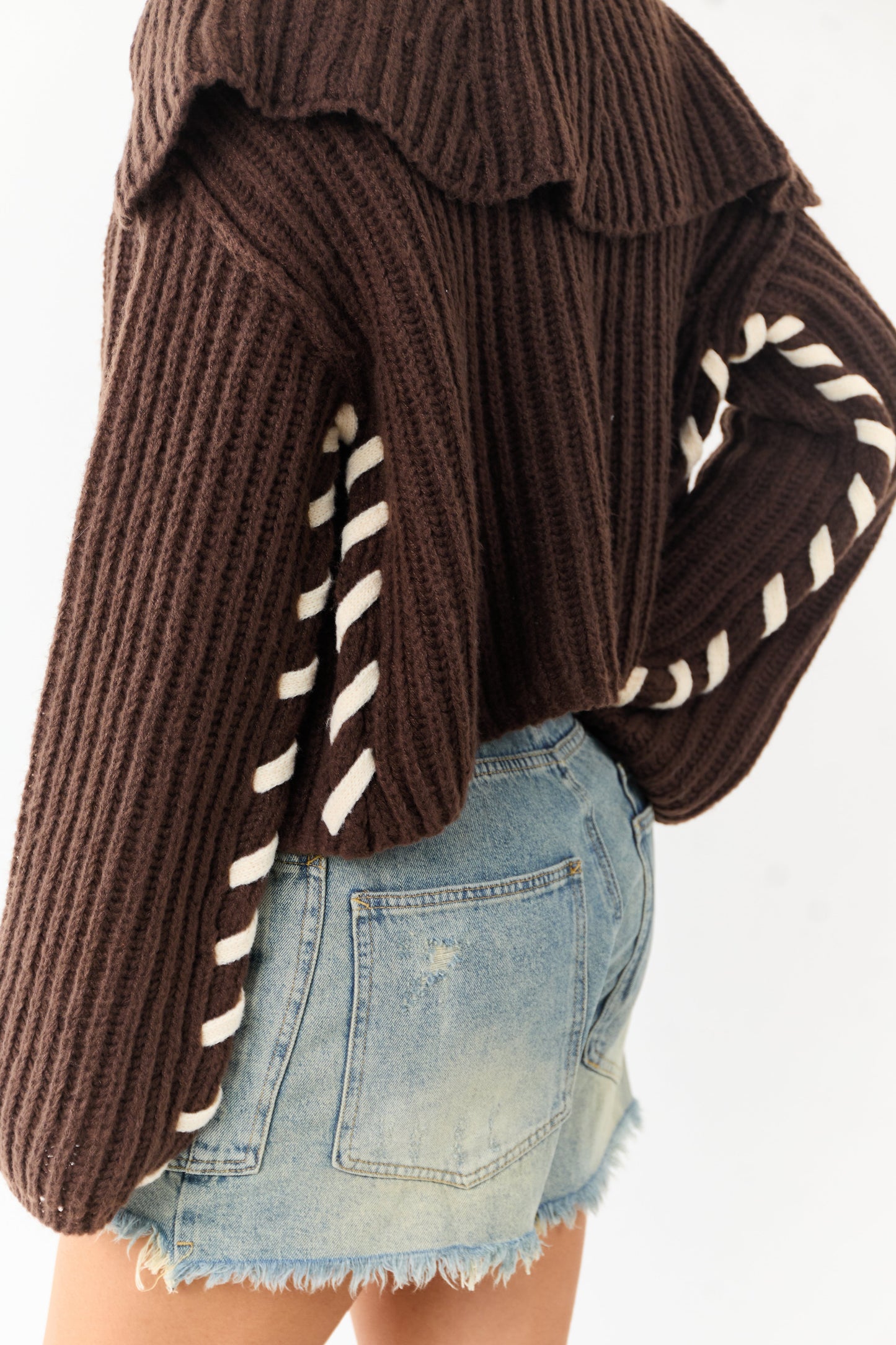 Chocolate Contrast Stitching Rib Knit Cardigan