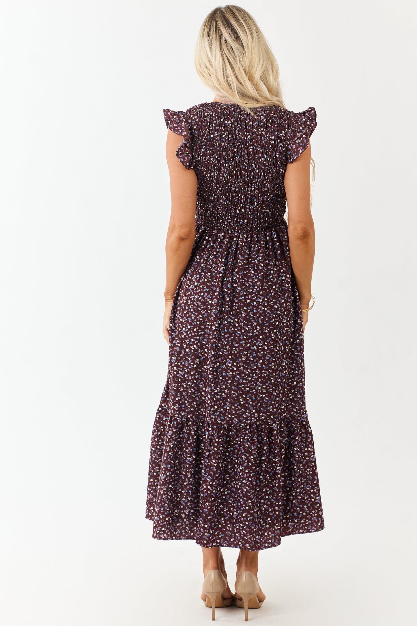 Chocolate Ditsy Floral Print Ruffle Sleeve Maxi Dress