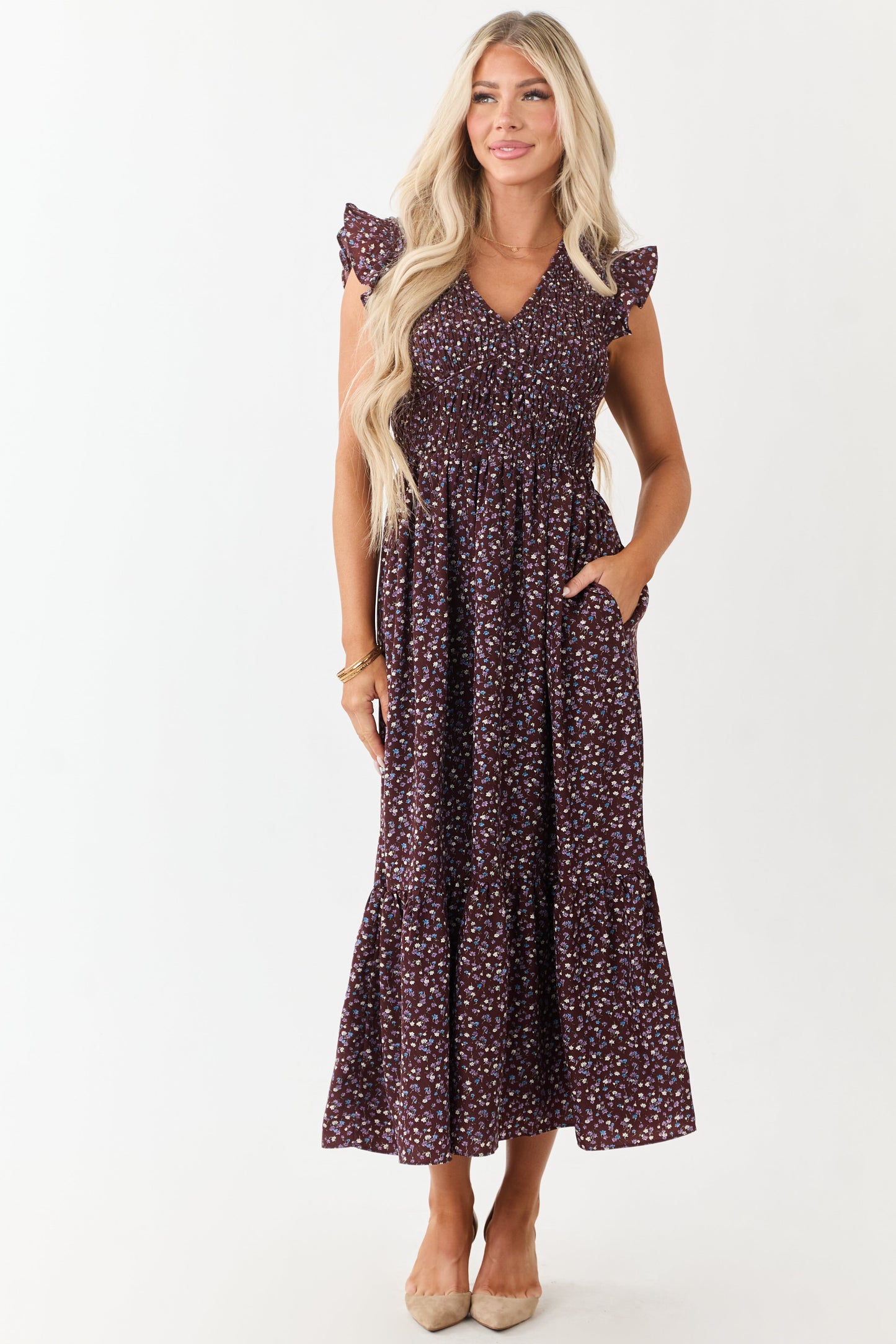 Chocolate Ditsy Floral Print Ruffle Sleeve Maxi Dress