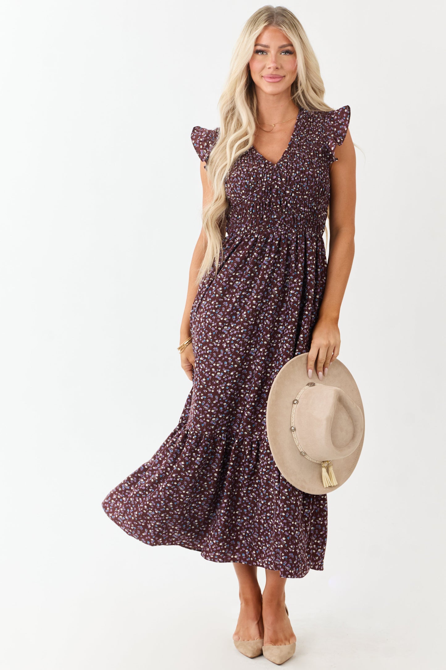 Chocolate Ditsy Floral Print Ruffle Sleeve Maxi Dress