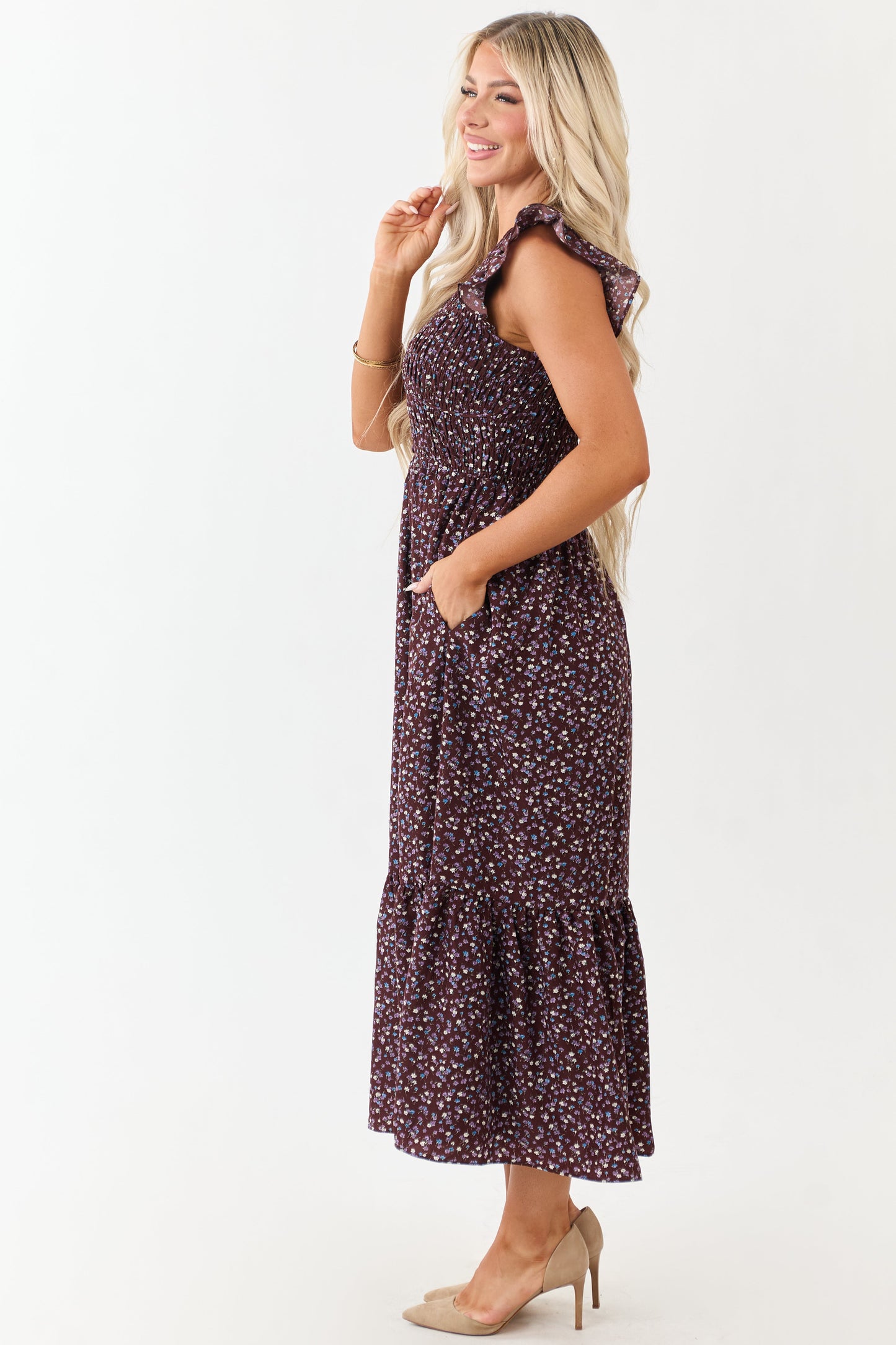 Chocolate Ditsy Floral Print Ruffle Sleeve Maxi Dress