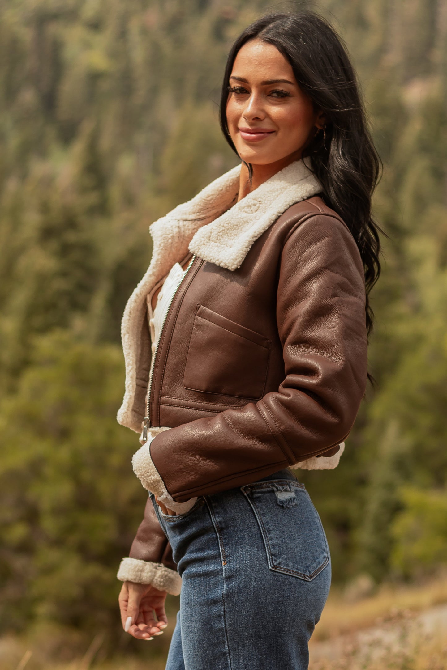 Chocolate Faux Leather Sherpa Lined Jacket