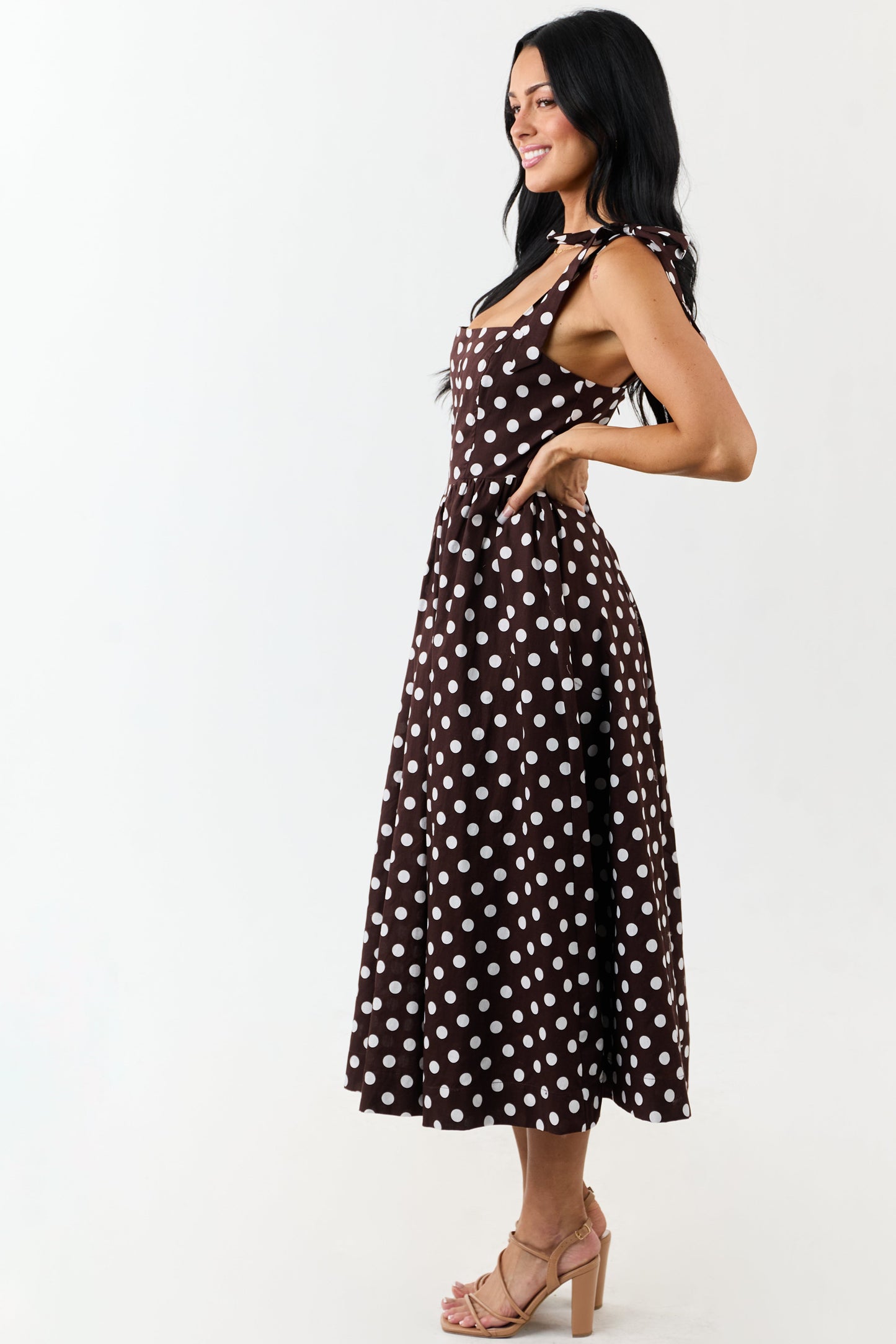Chocolate Polka Dot Tie Strap Cotton Midi Dress