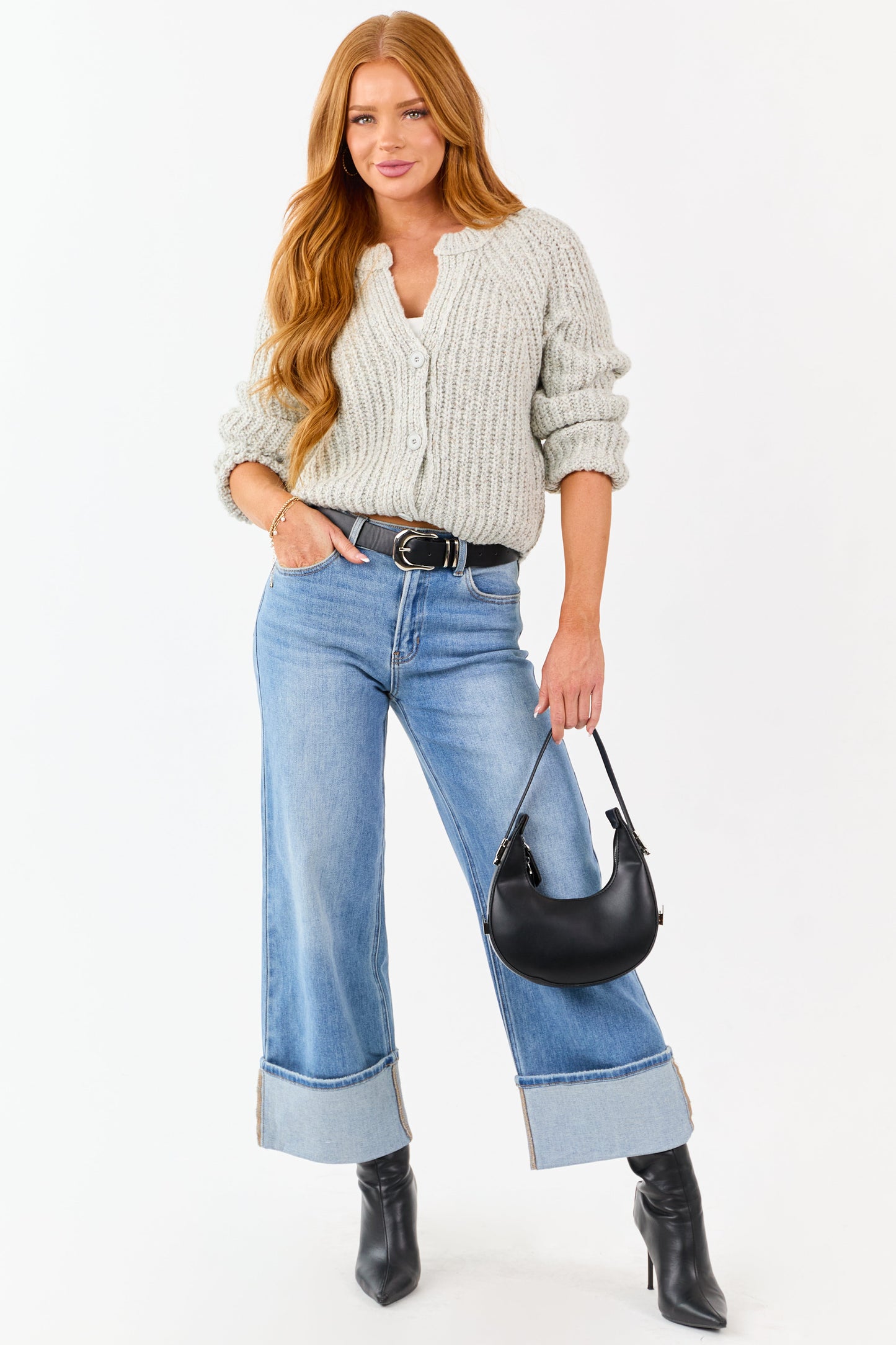 Cloud Grey Ribbed Knit Button Up Cardigan