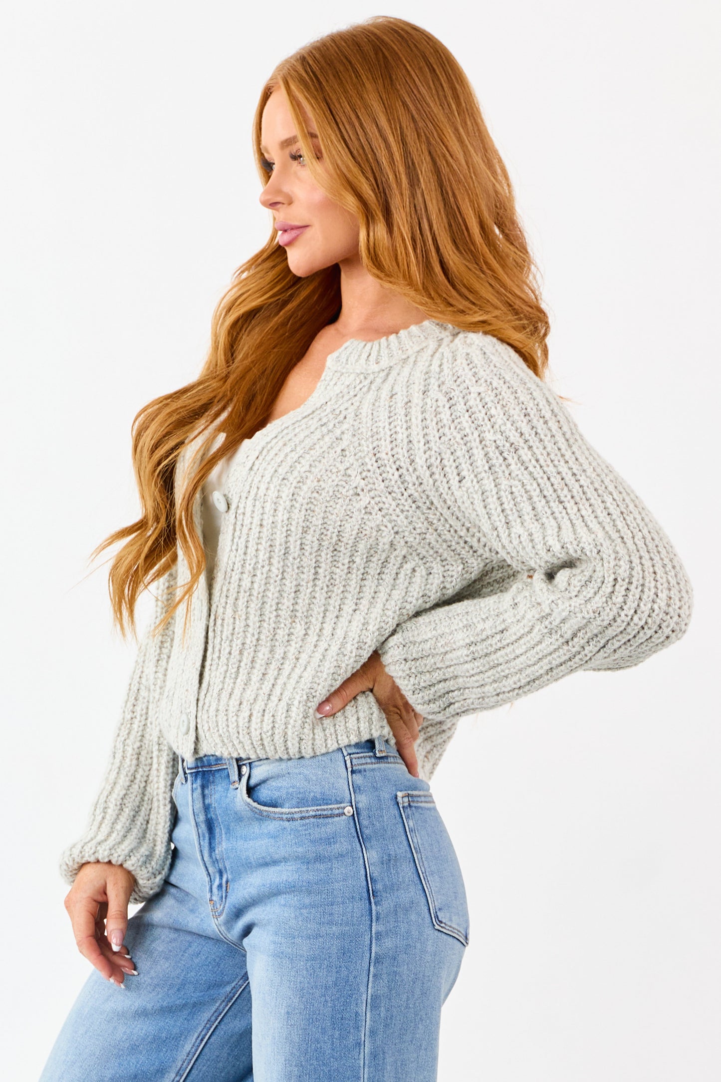 Cloud Grey Ribbed Knit Button Up Cardigan