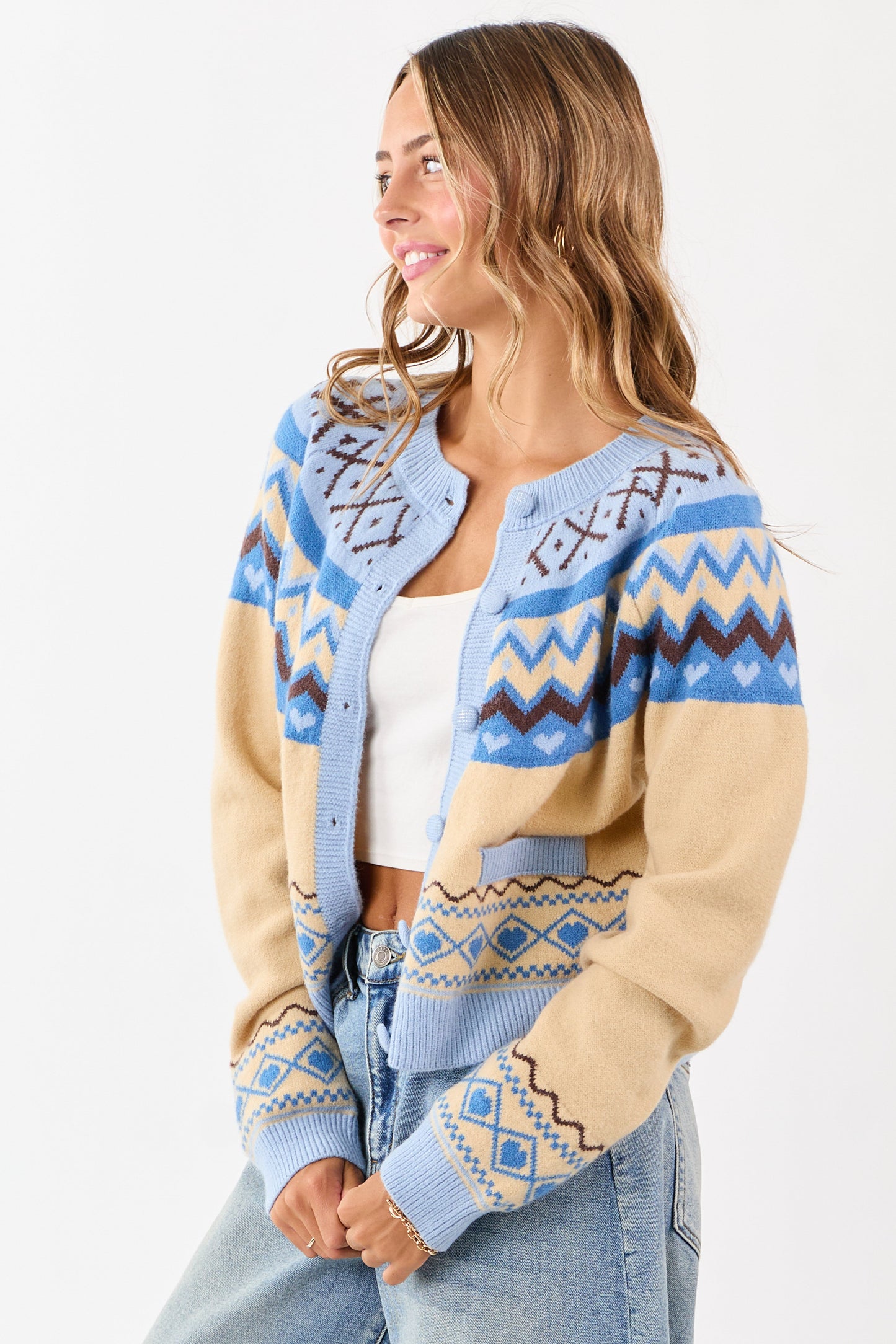 Cobalt and Cream Fair Isle Heart Print Cardigan