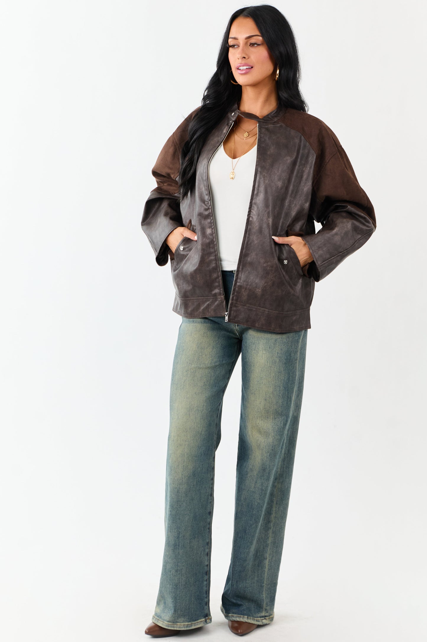 Cocoa Faux Leather Barrel Sleeve Zip Up Jacket