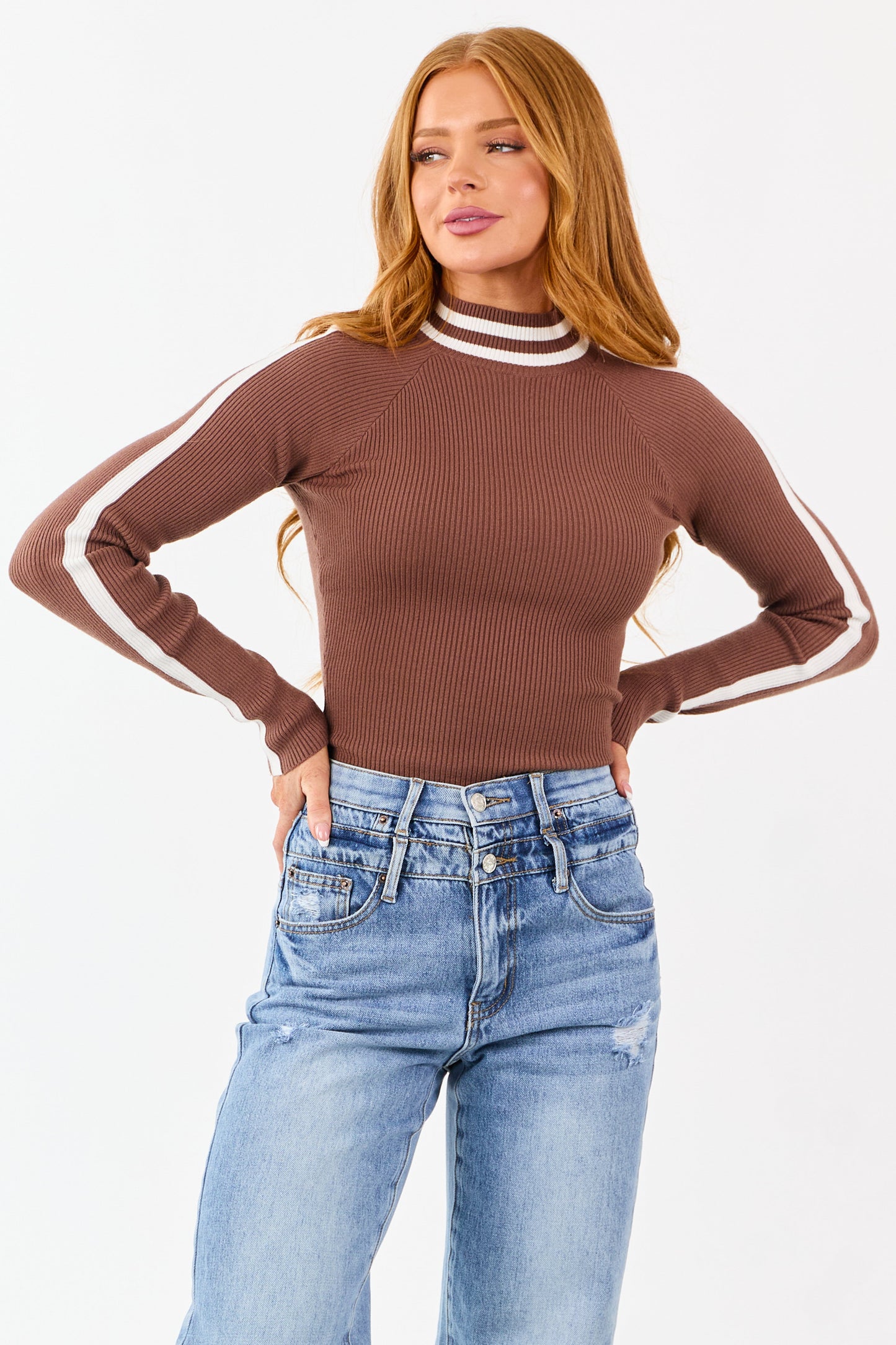 Cocoa Mock Neck Ribbed Knit Long Sleeve Bodysuit