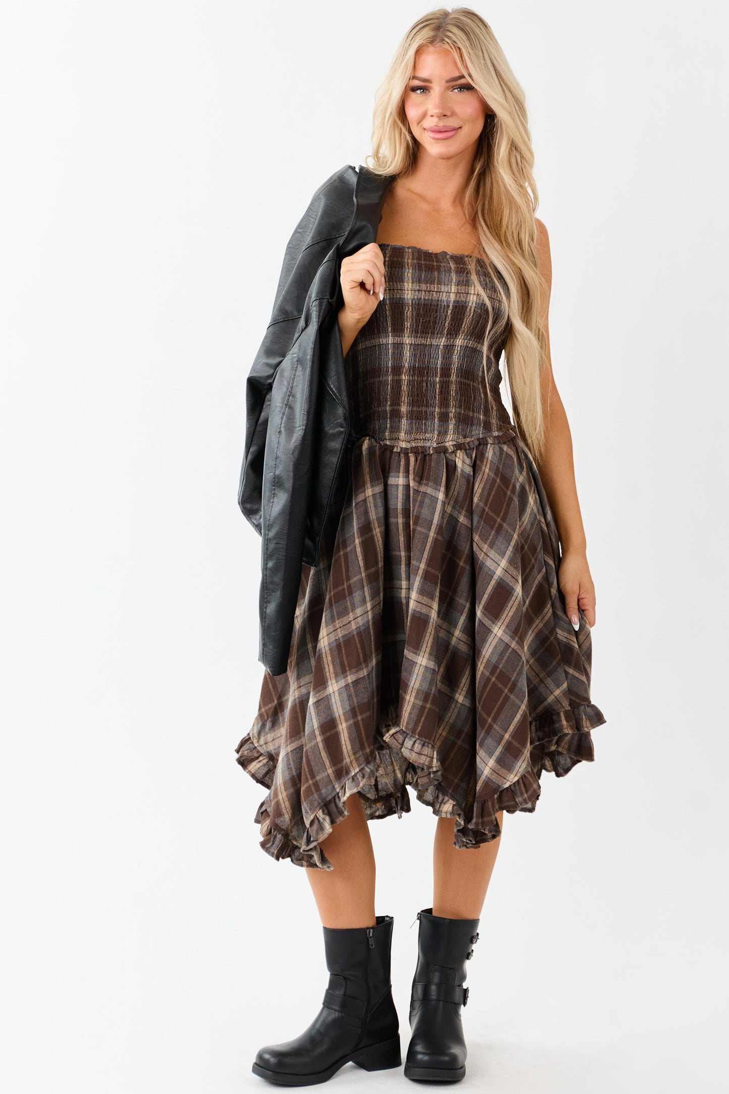 Cocoa Plaid Handkerchief Hem Sleeveless Midi Dress