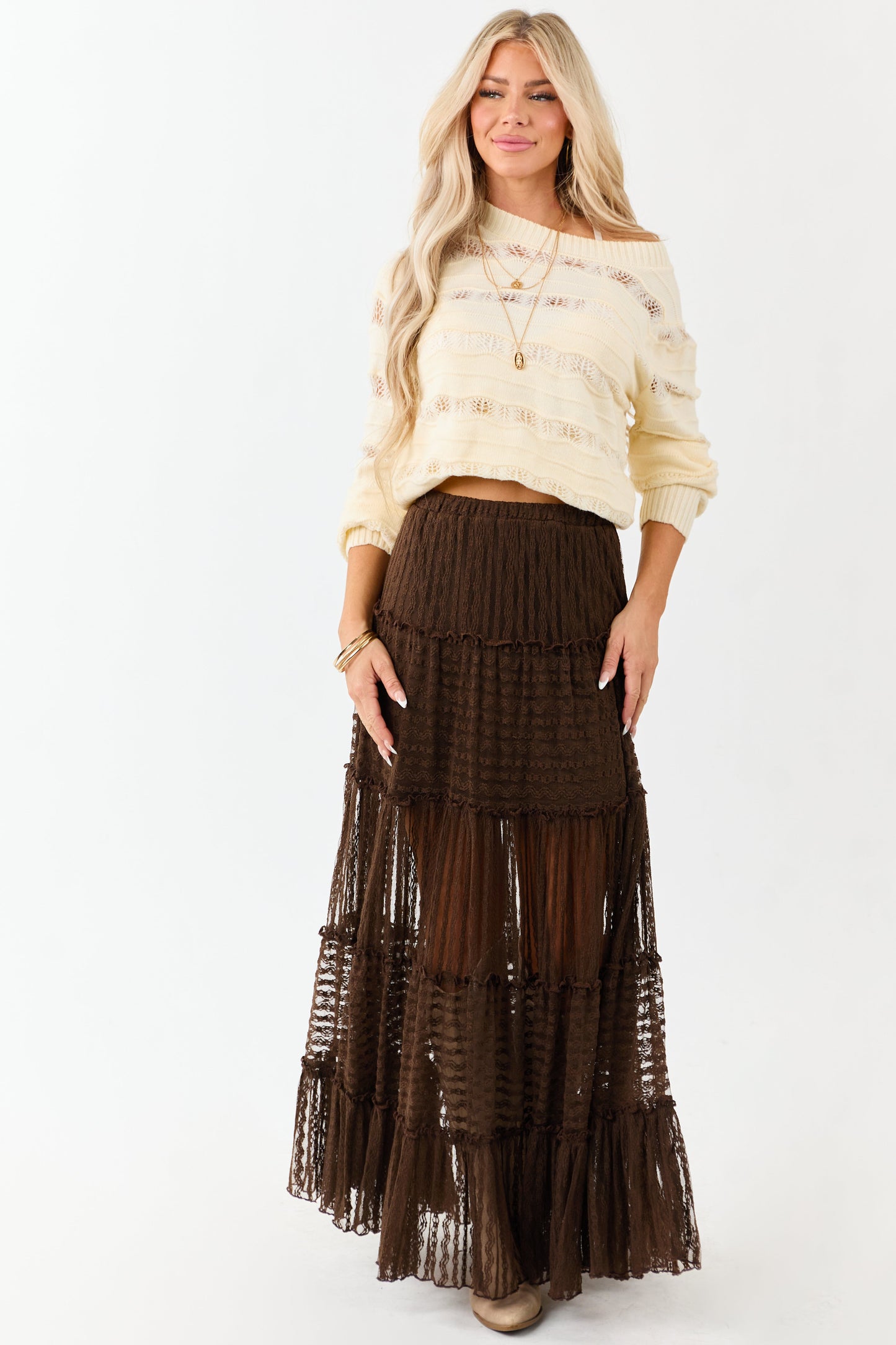 Cocoa Tiered Frill Lace Flowy Maxi Skirt