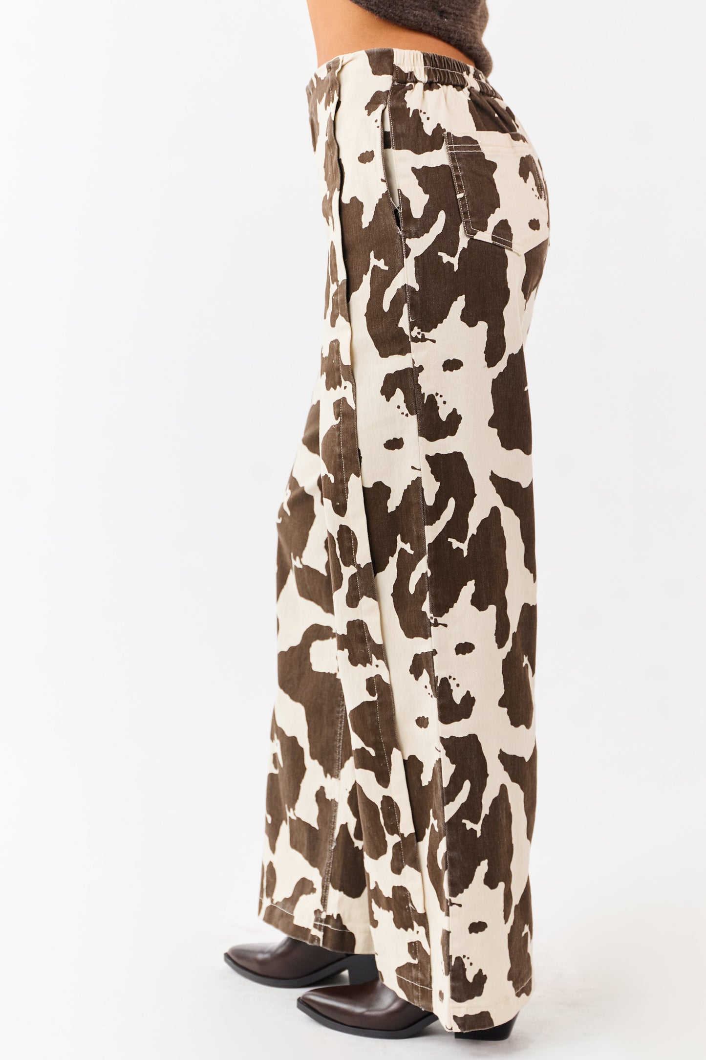 Coconut Cow Print Elastic Waist Wide Leg Denim Pants