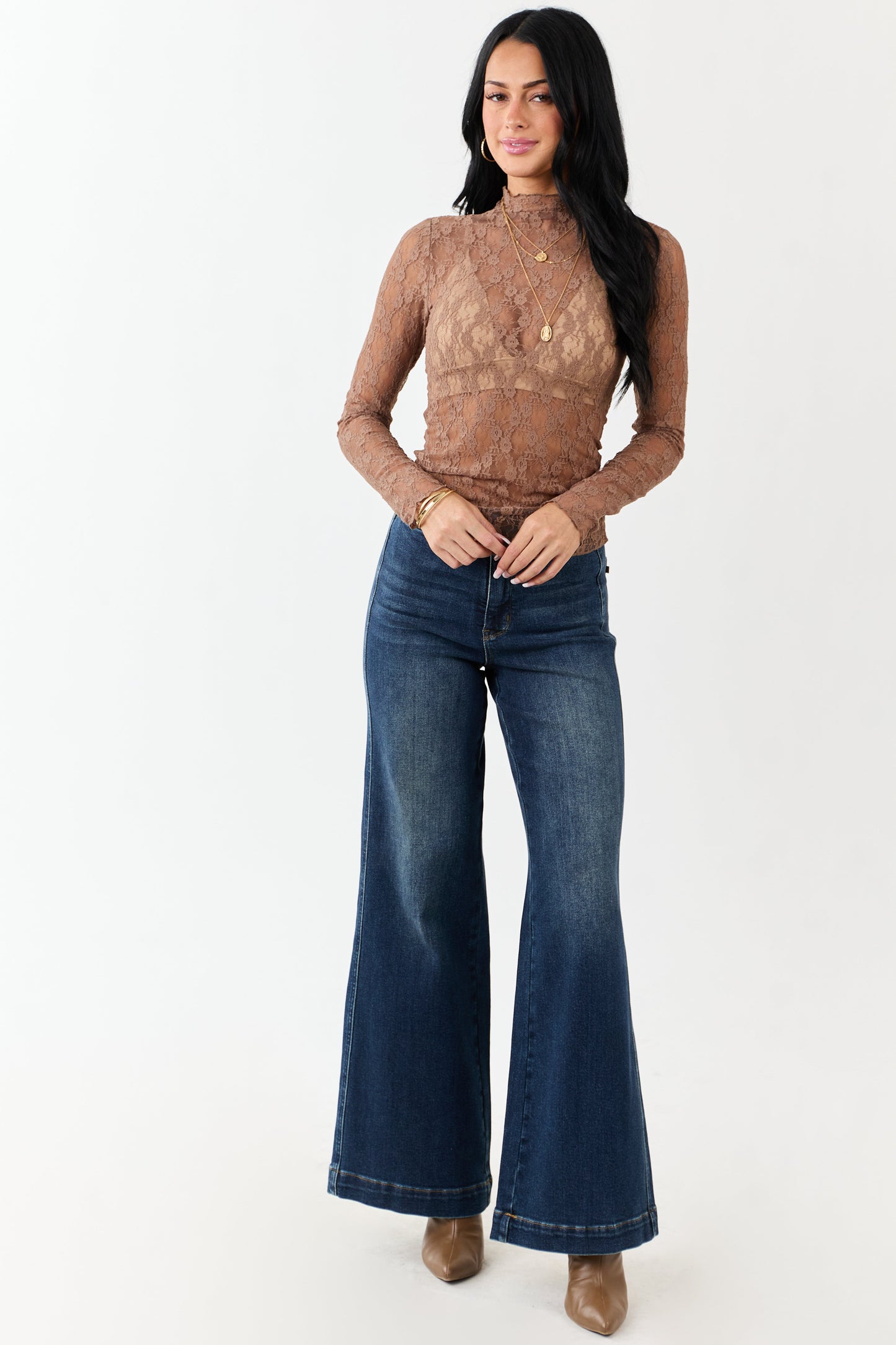 Coffee High Neck Long Sleeve Mesh Top