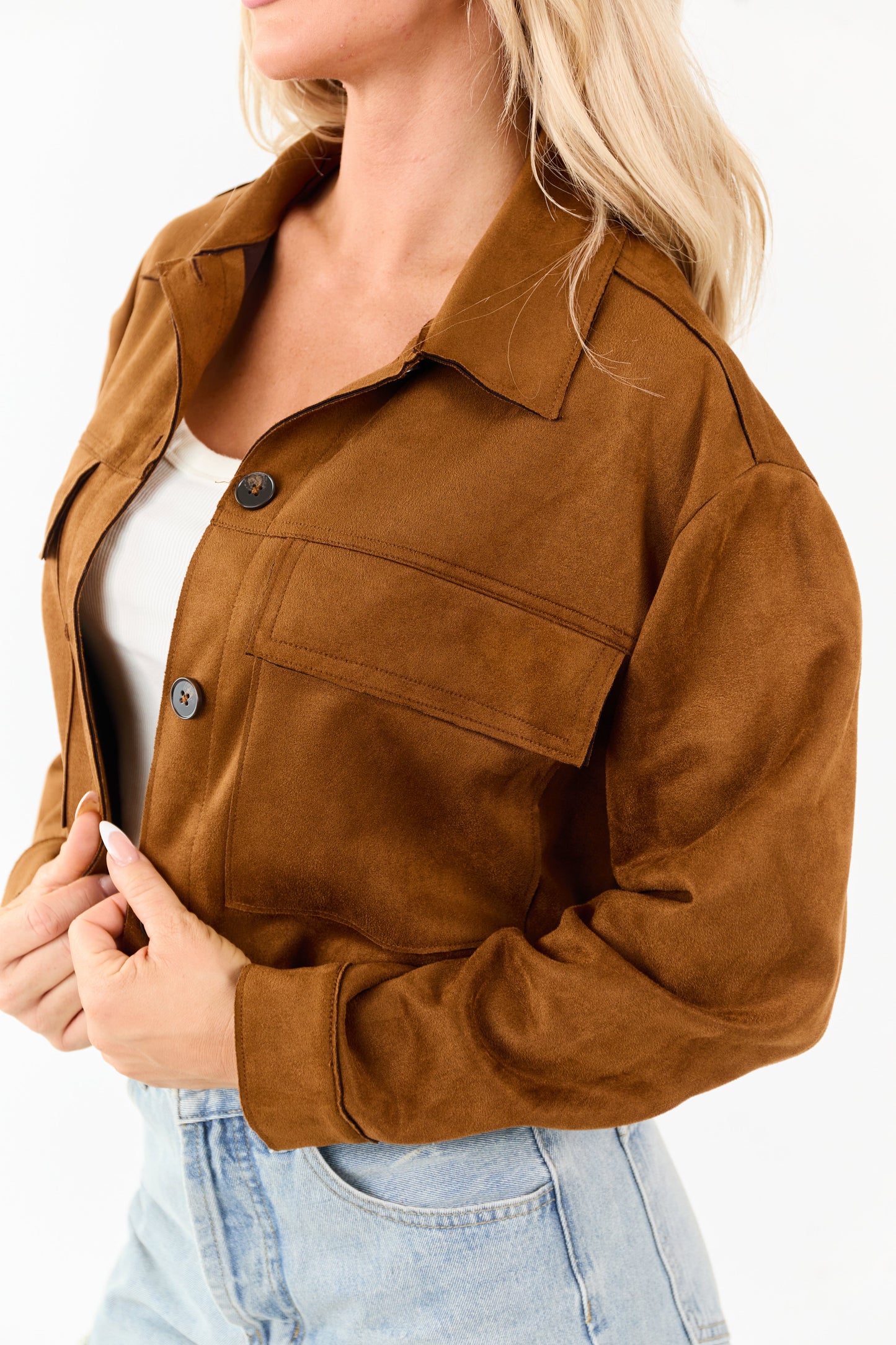 Cognac Faux Suede Button Down Collared Jacket
