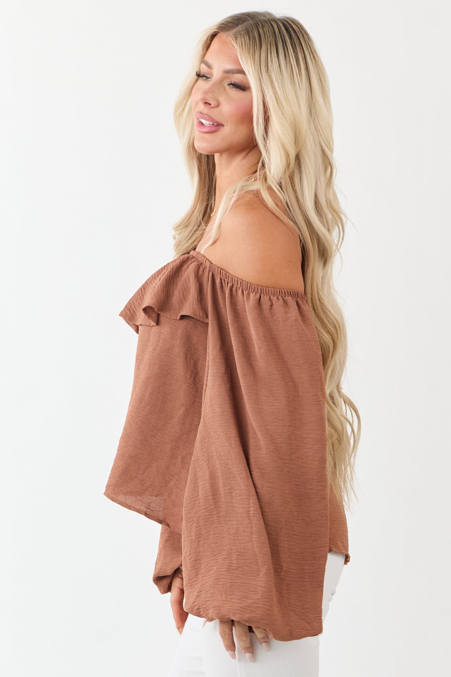 Cognac Flowy Long Puff Sleeve Ruffle Yoke Top