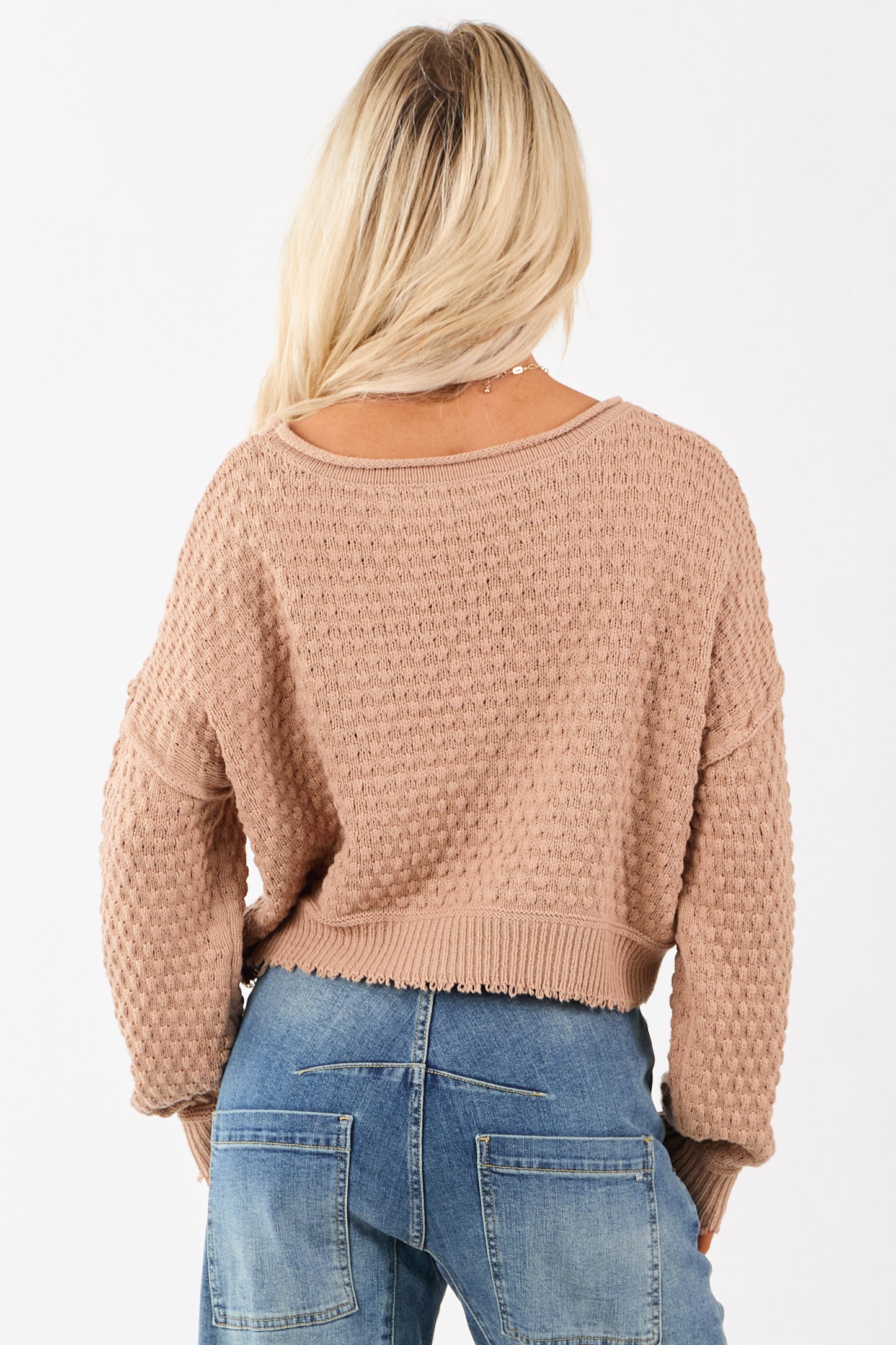 Cognac Soft Textured Knit Round Neck Boxy Sweater
