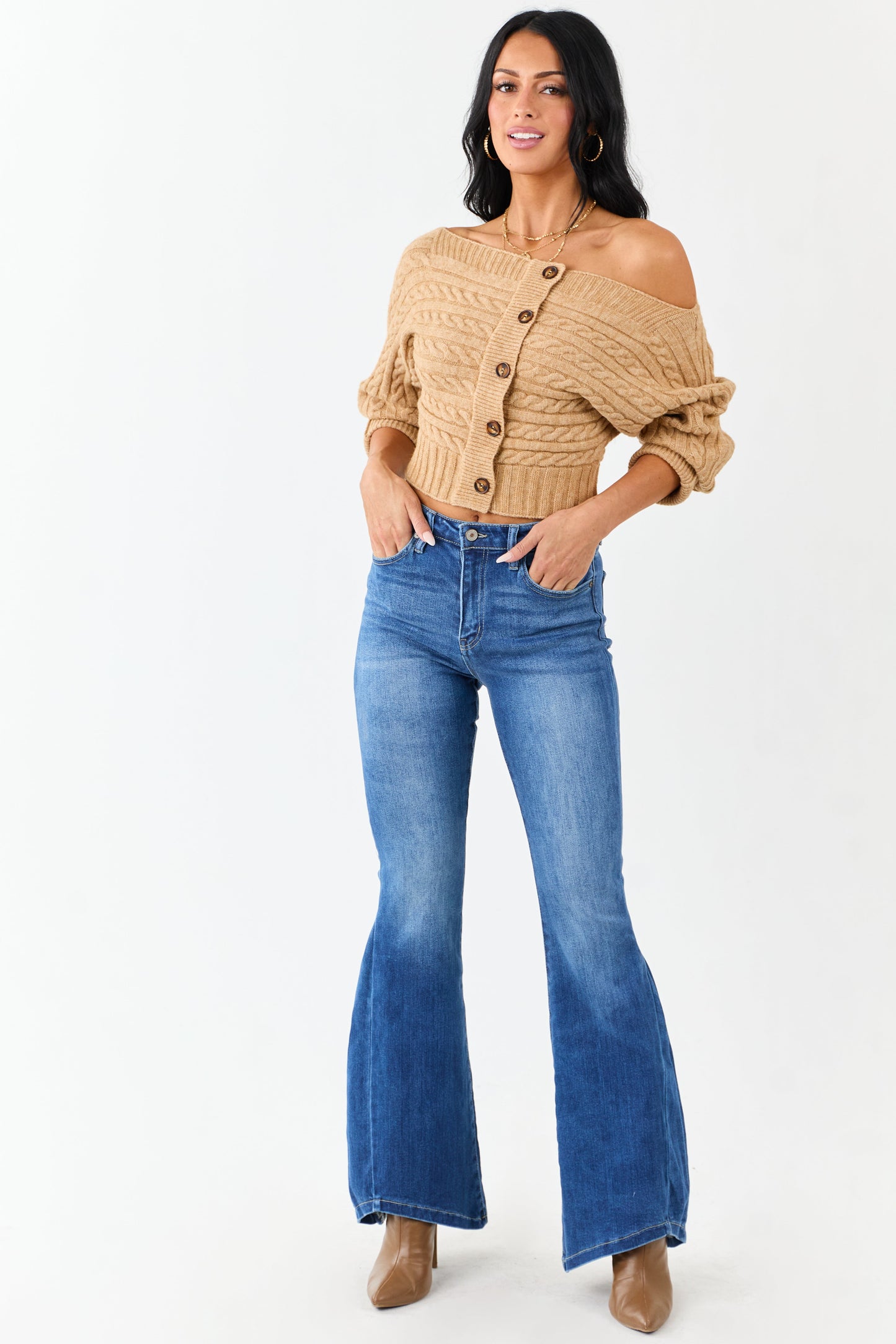 Copper Cable Knit Boatneck Cropped Cardigan