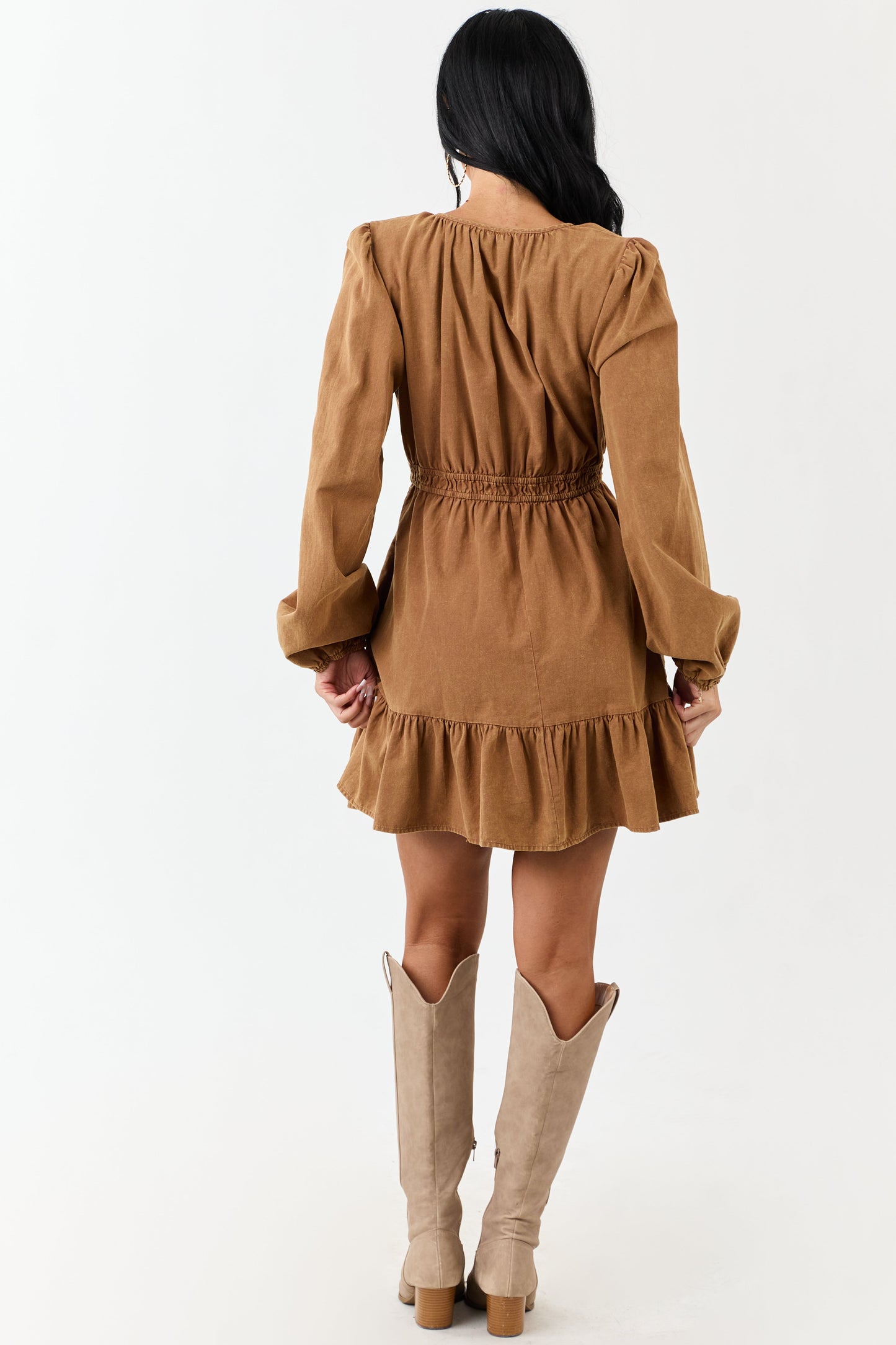 Copper Mineral Wash Denim Long Sleeve Mini Dress