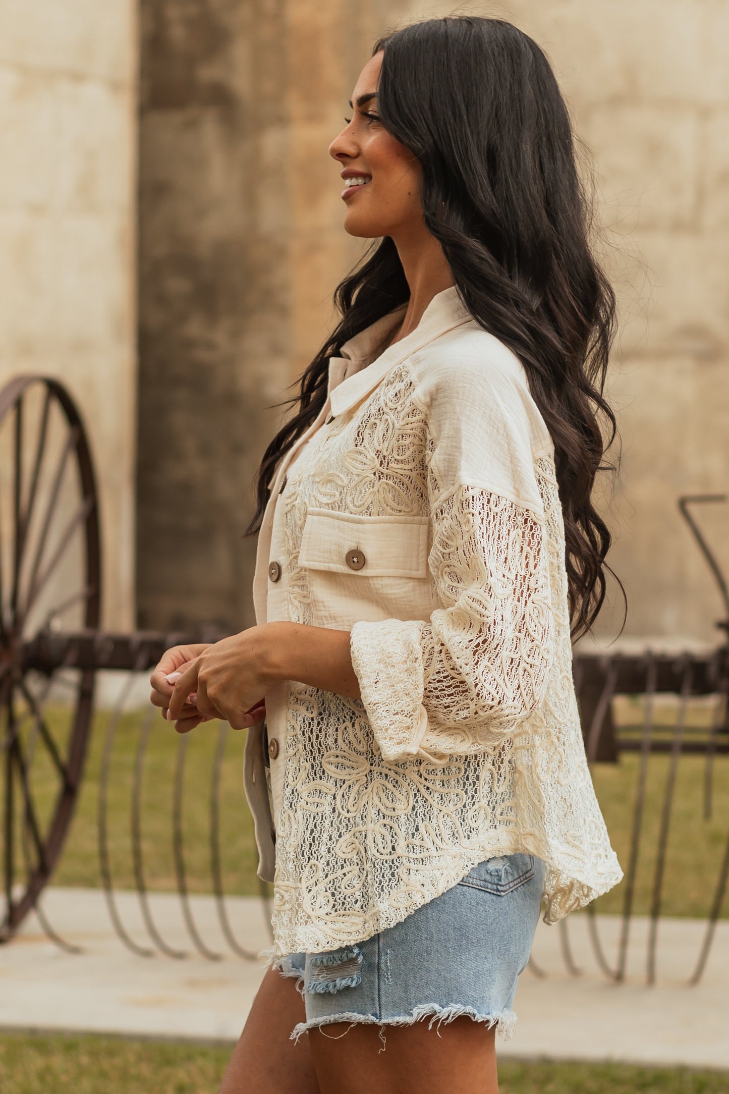 Cream 3D Floral Button Down Open Knit Shacket