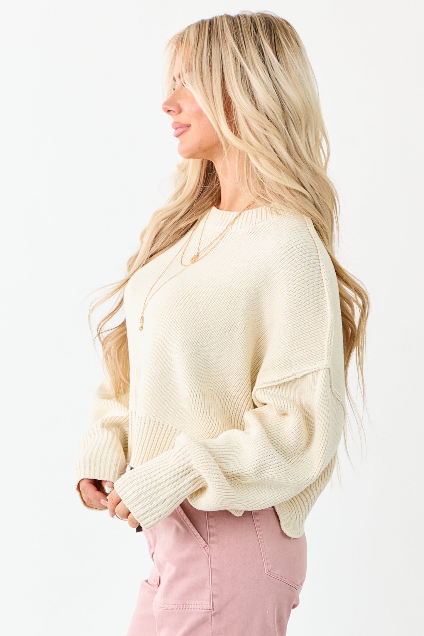 Cream Boxy Drop Shoulder Crop Rib Knit Sweater