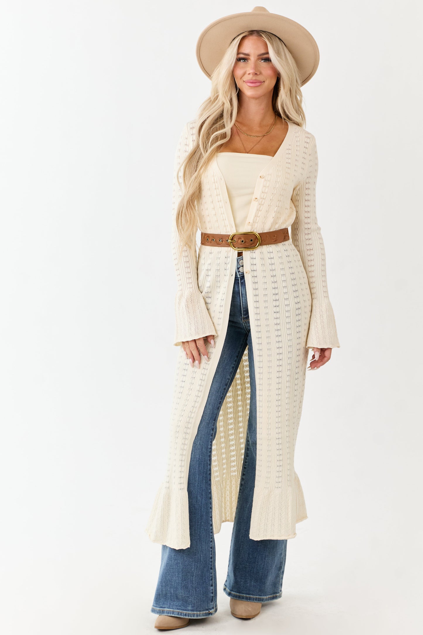 Cream Button Down Long Sleeve Duster Cardigan