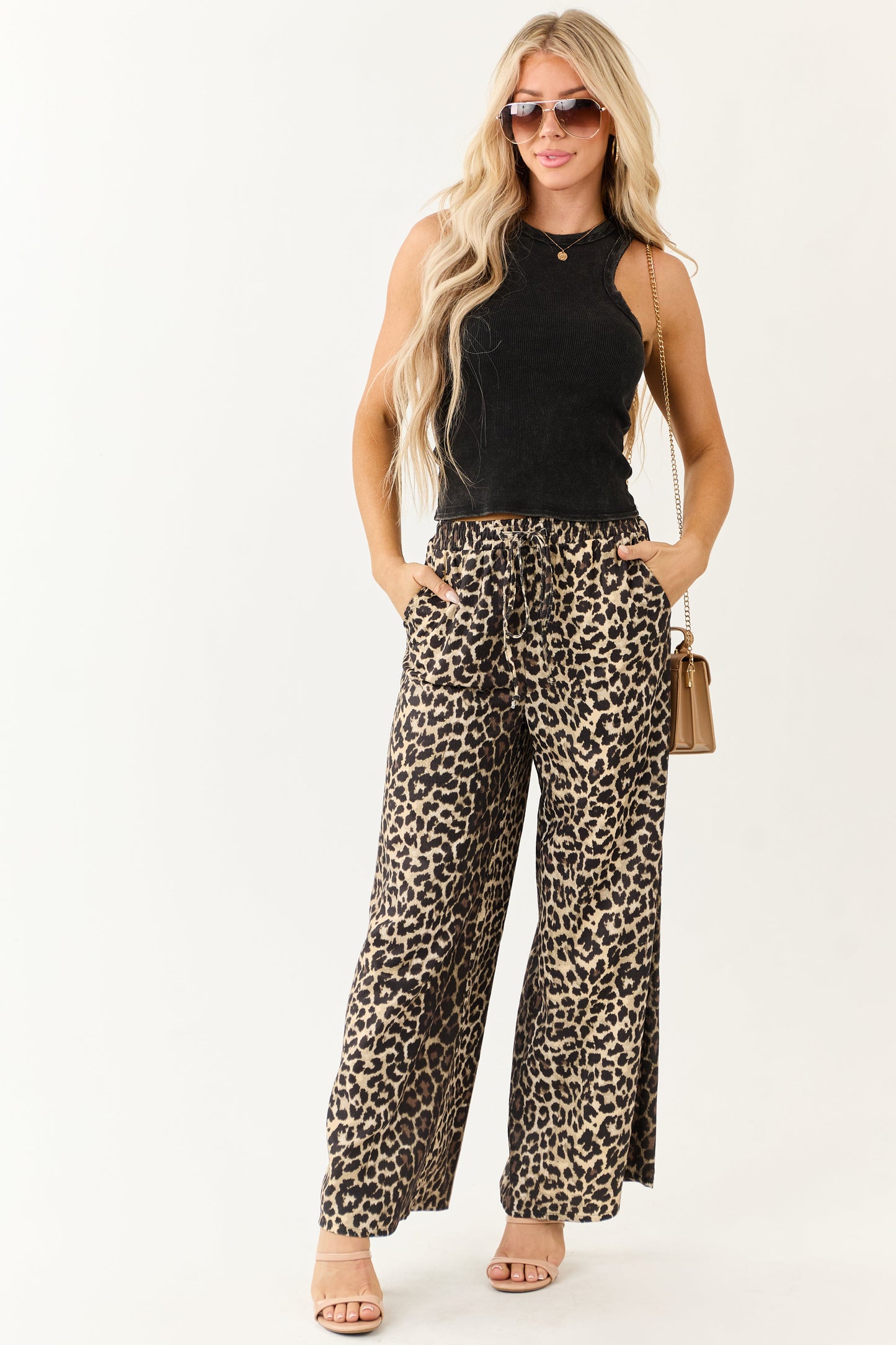 Cream High Waisted Leopard Print Wide Leg Pants