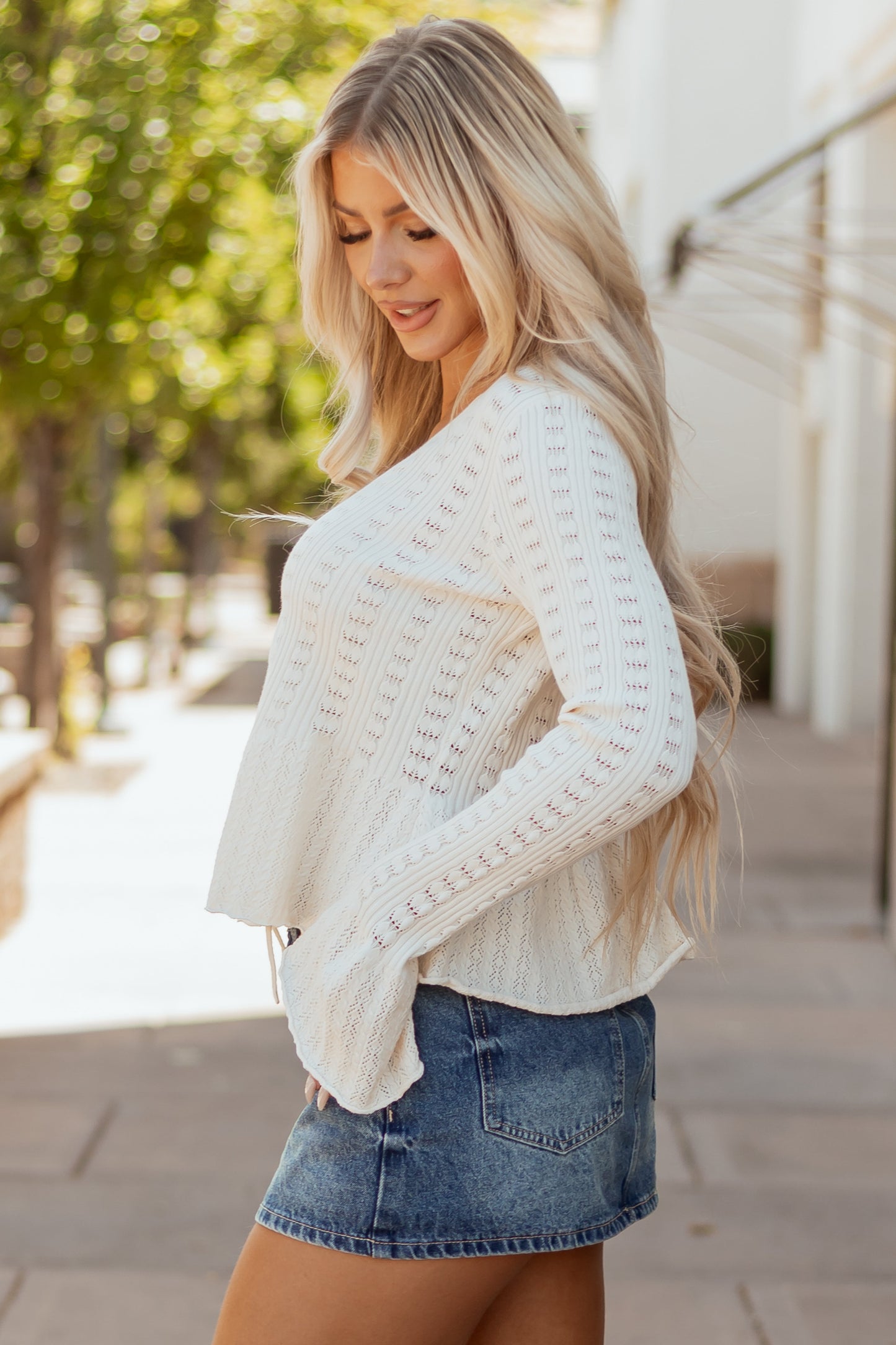 Cream Peplum Pointelle Knit Flare Cuff Cardigan