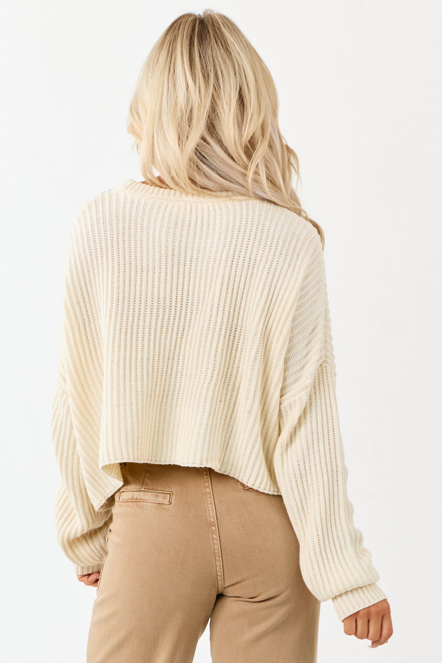 Cream Relaxed Rib Knit Crew Neck Cropped Sweater