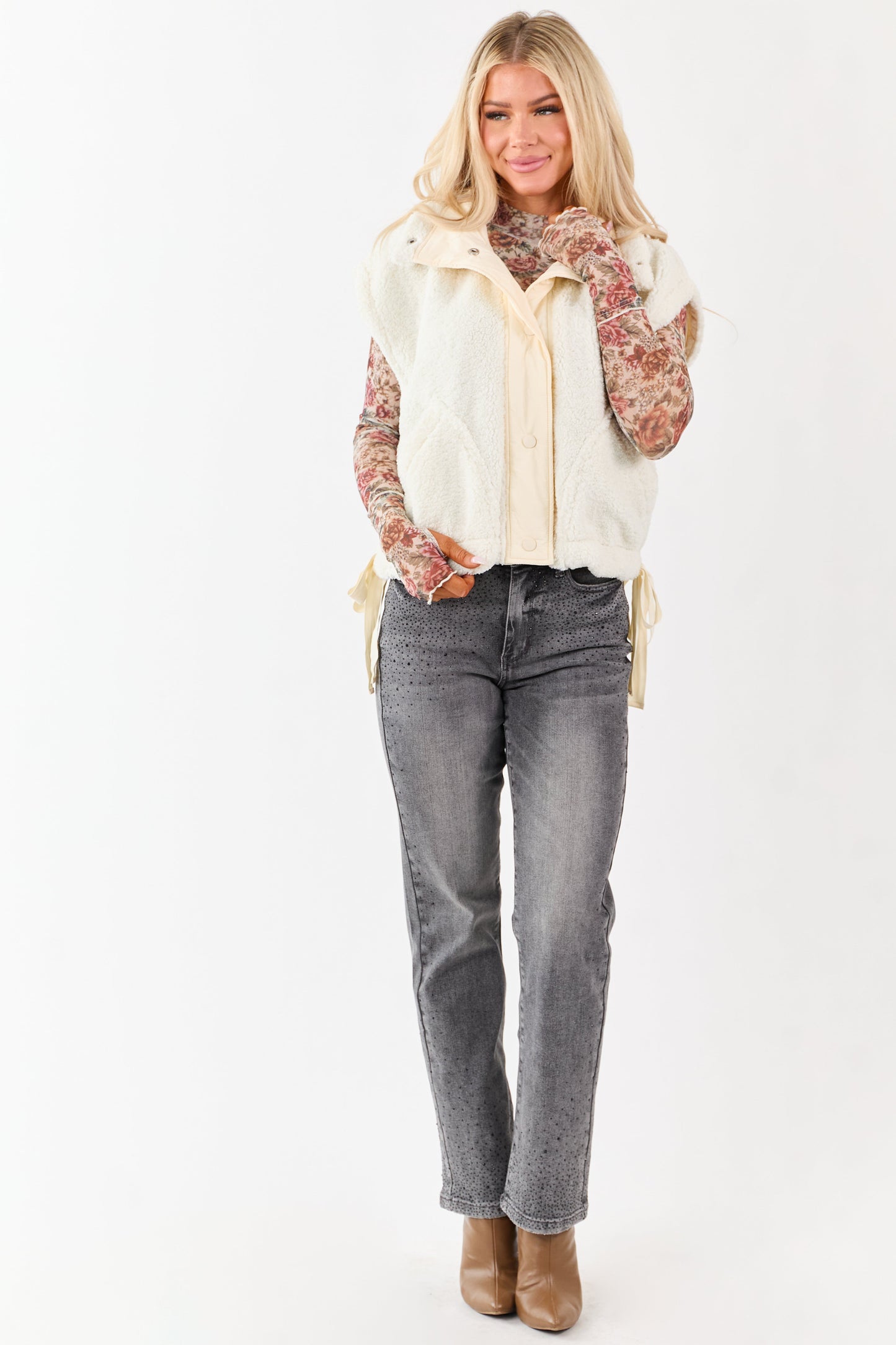 Cream Sherpa Contrast Button Down Side Tie Vest