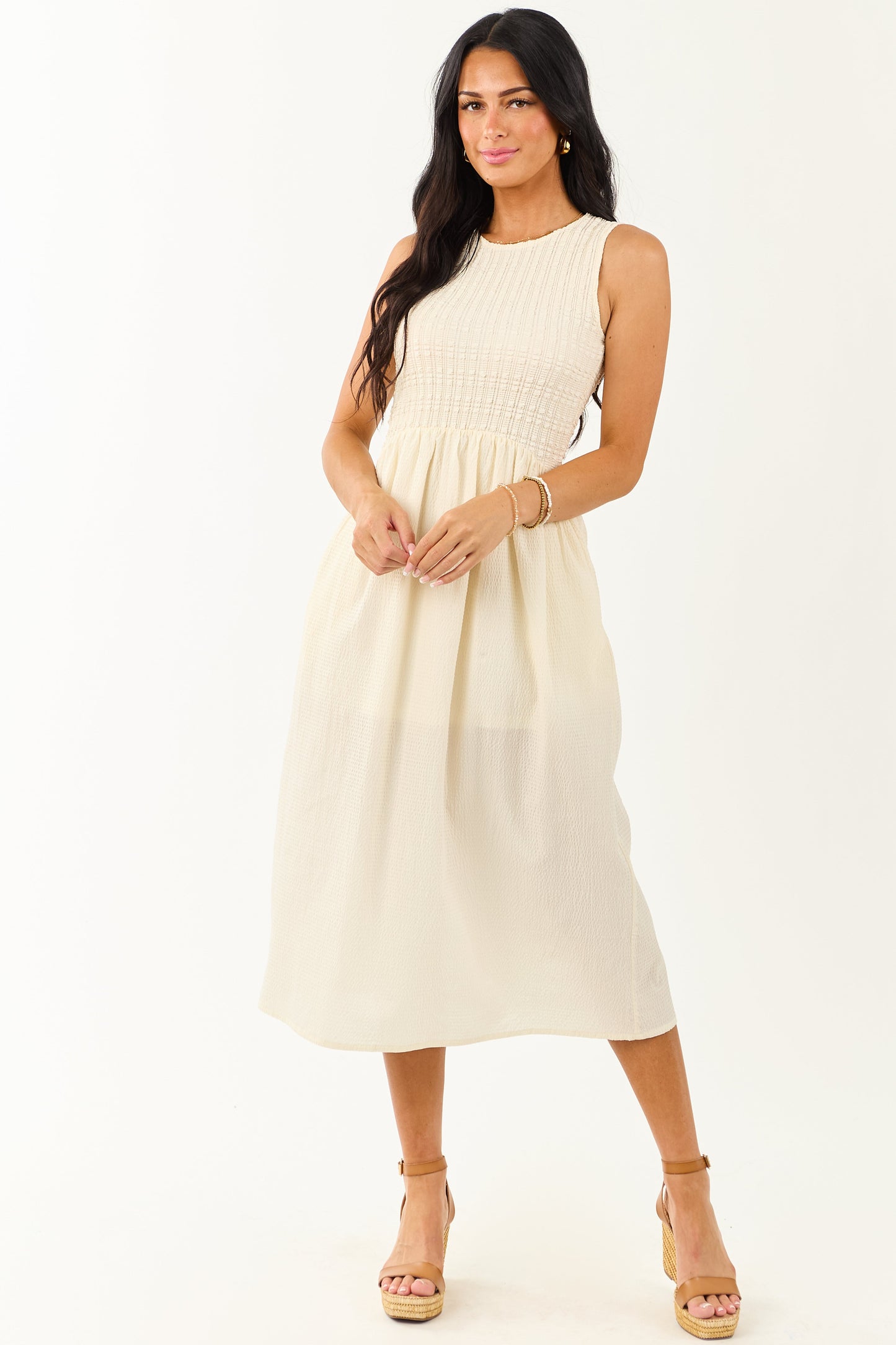 Cream Textured Bodice Contrast Skirt Midi Dress