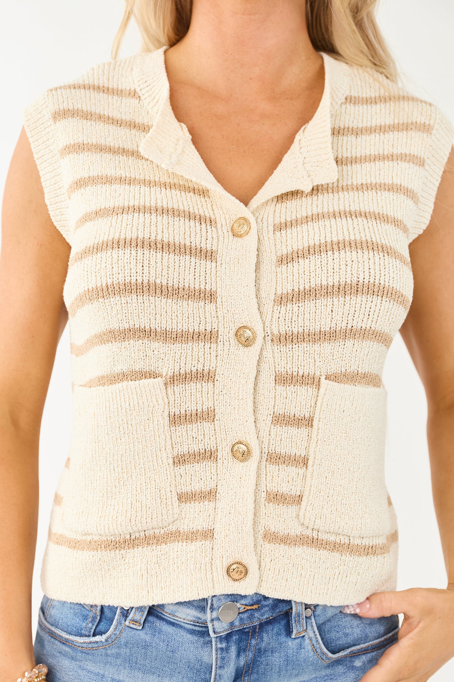 Cream and Latte Striped Button Down Knit Vest
