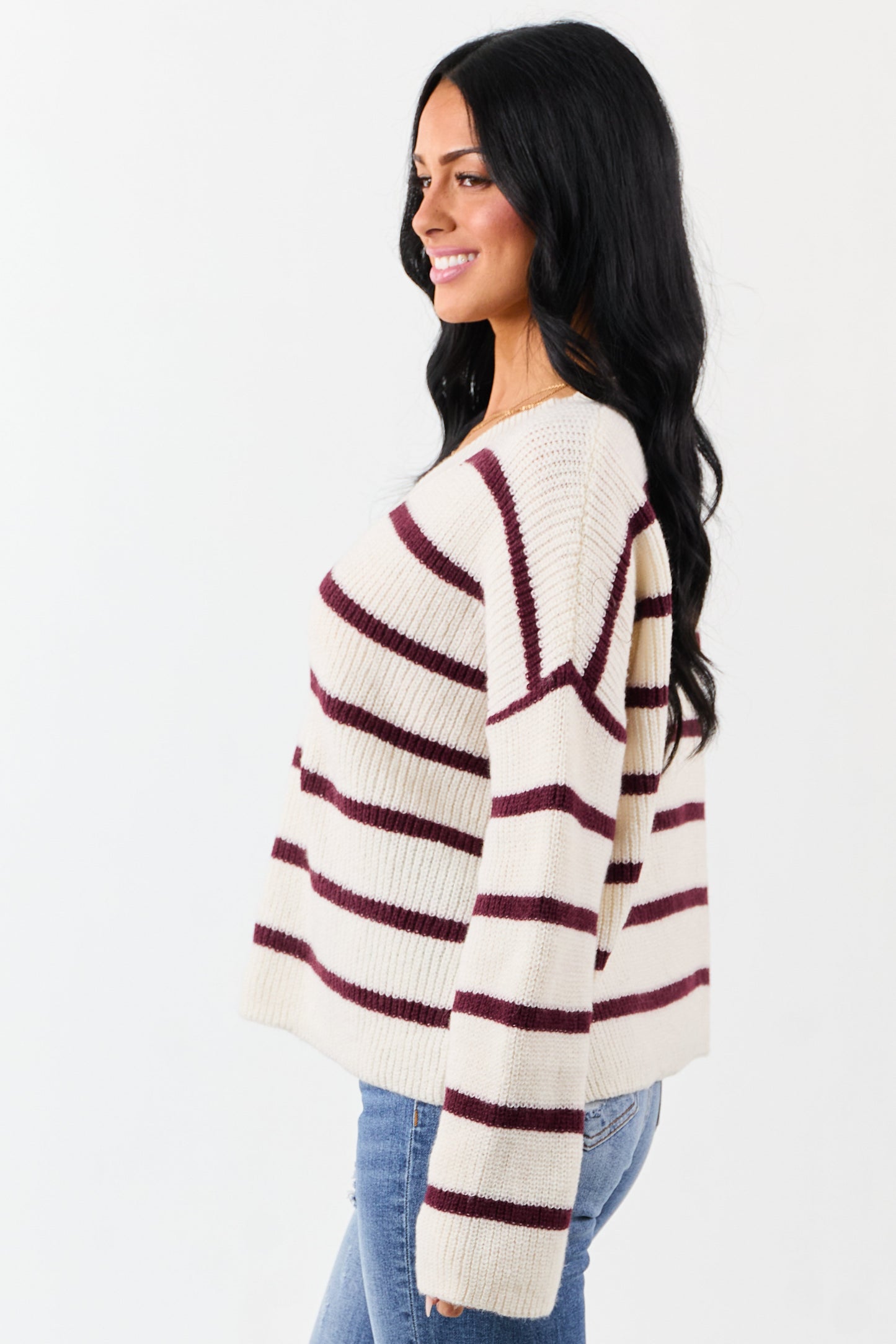 Cream and Mahogany Striped V-Neck Rib Knit Sweater