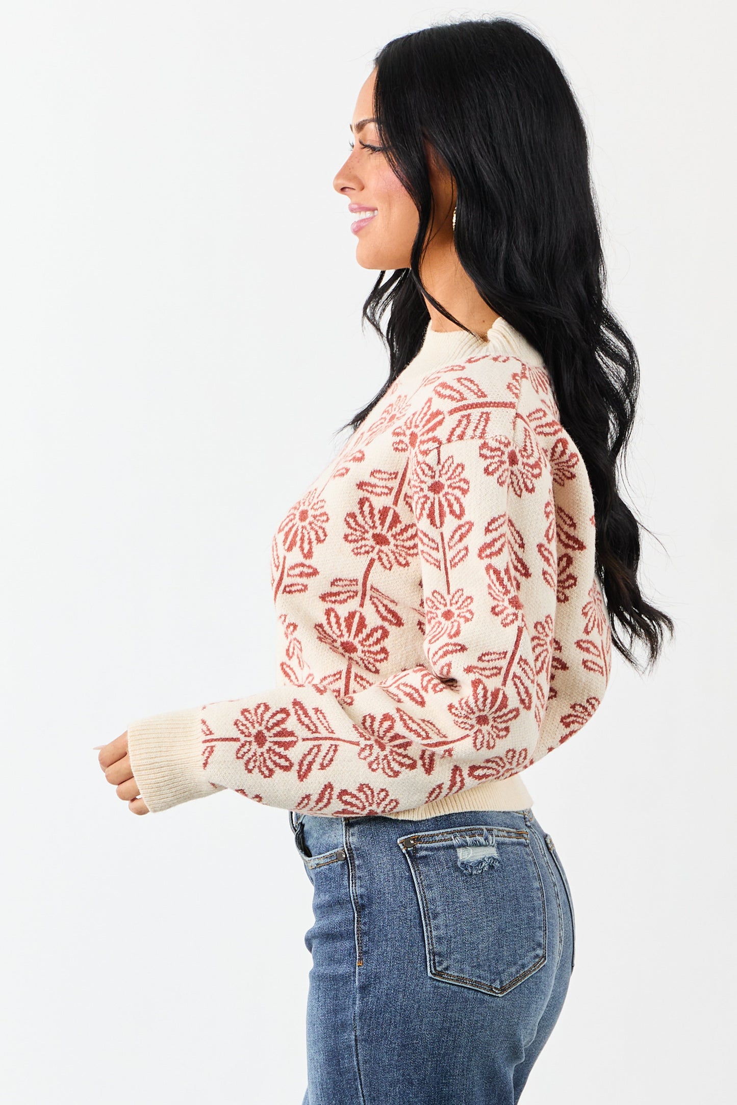 Cream and Tawny Floral Mock Neck Knit Sweater
