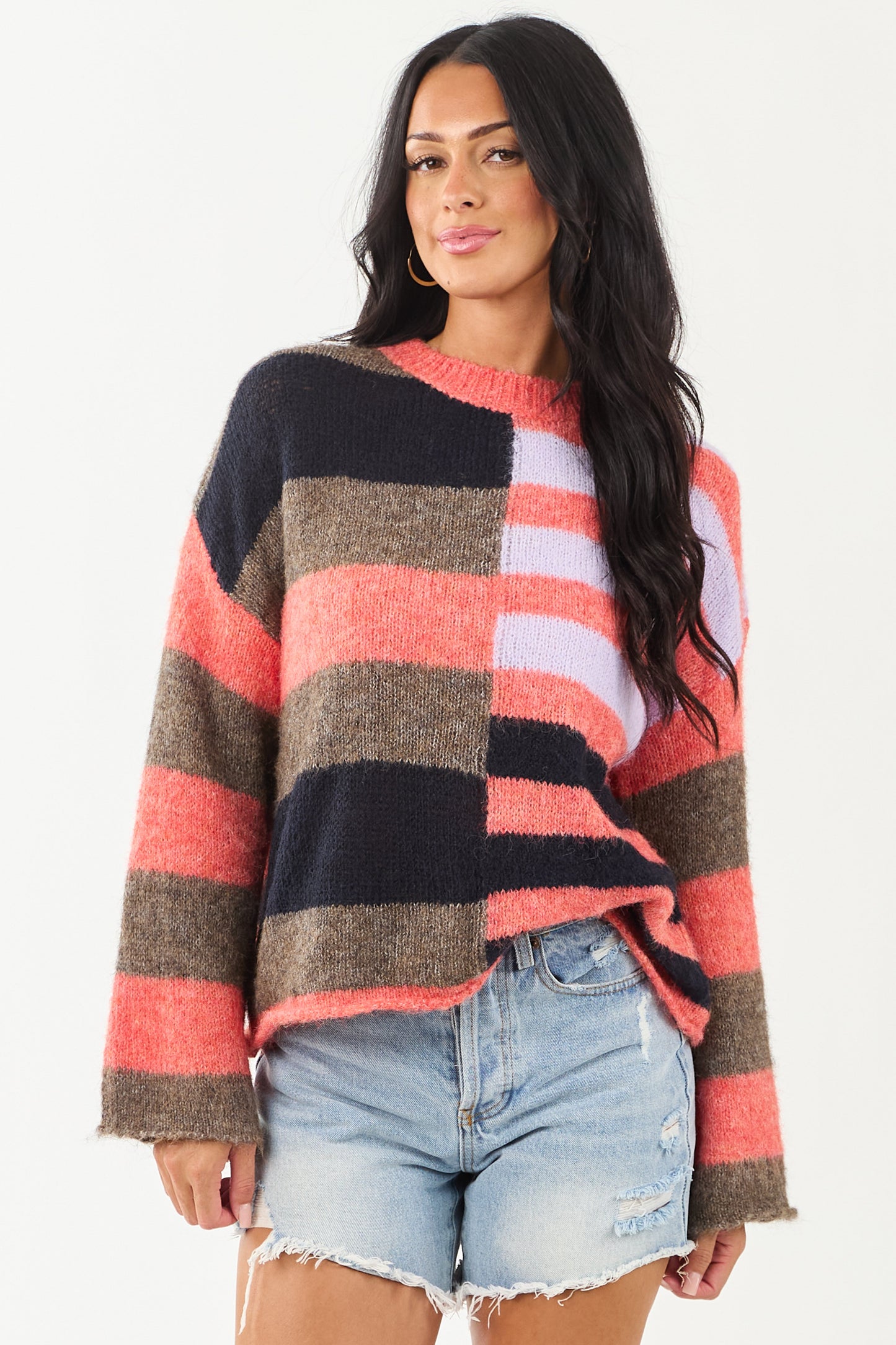 Crimson Colorblock Drop Shoulder Knit Sweater