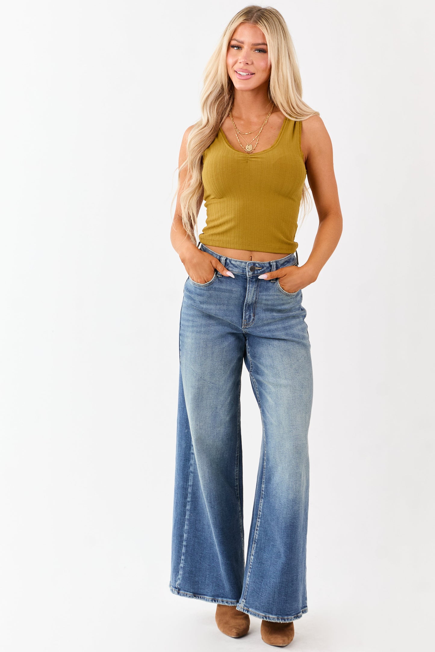 Dark Mustard Lace Trim Cropped Rib Knit Tank Top