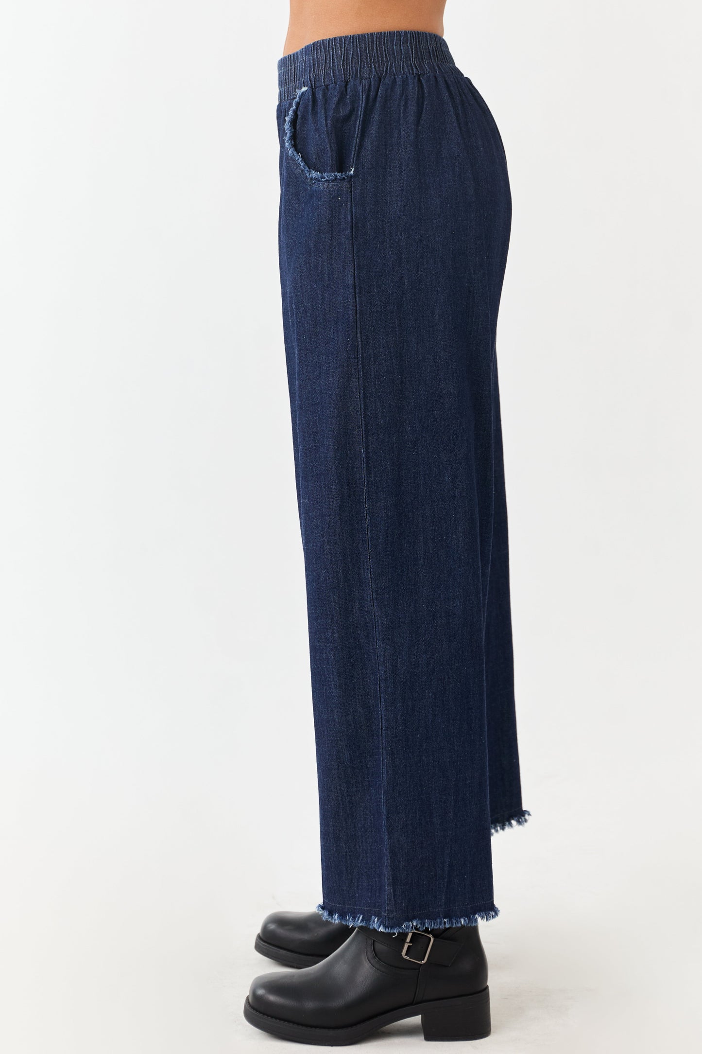 Dark Wash Wide Leg Cropped Chambray Pants
