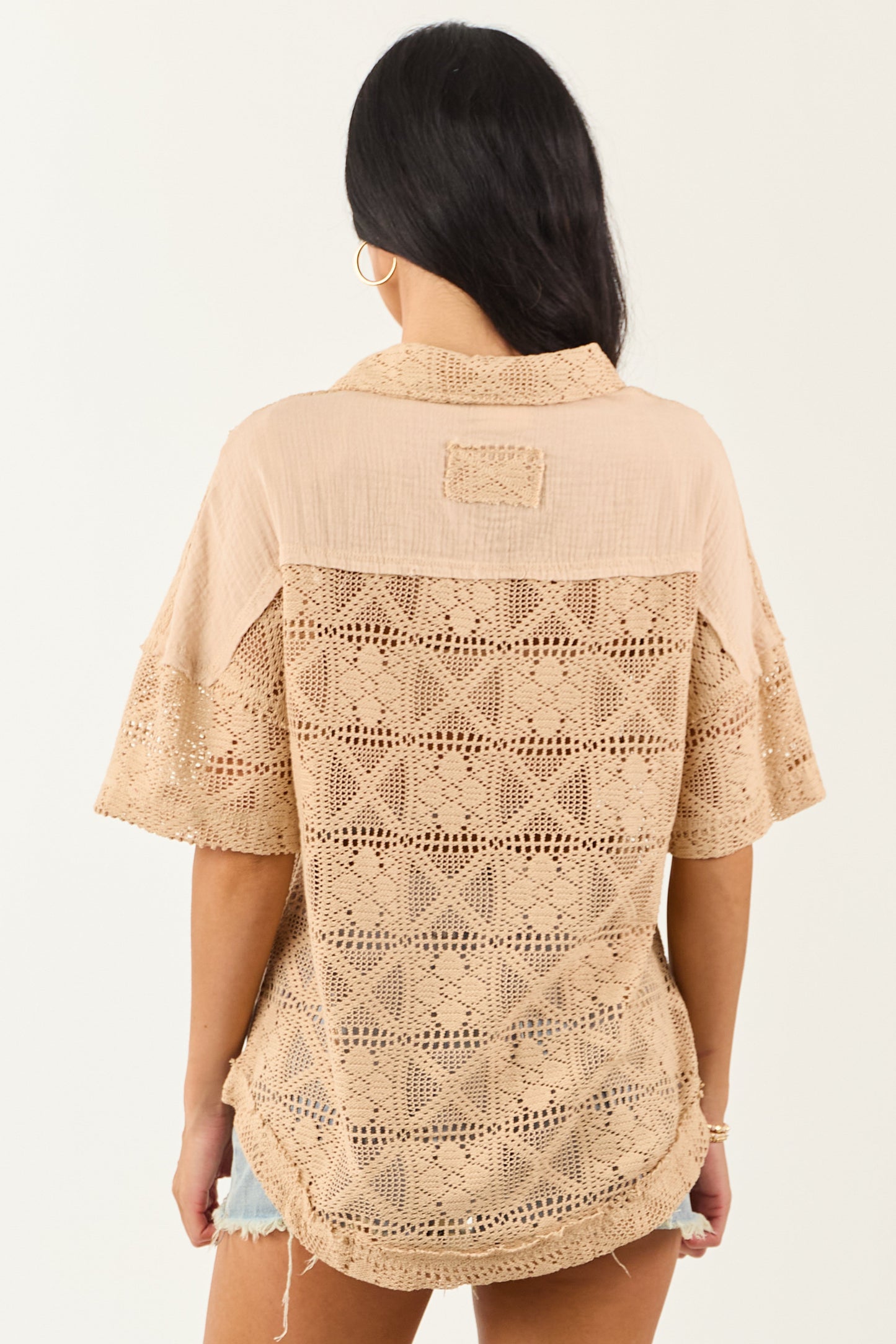 Desert Sand Open Crochet Button Up Short Sleeve Top