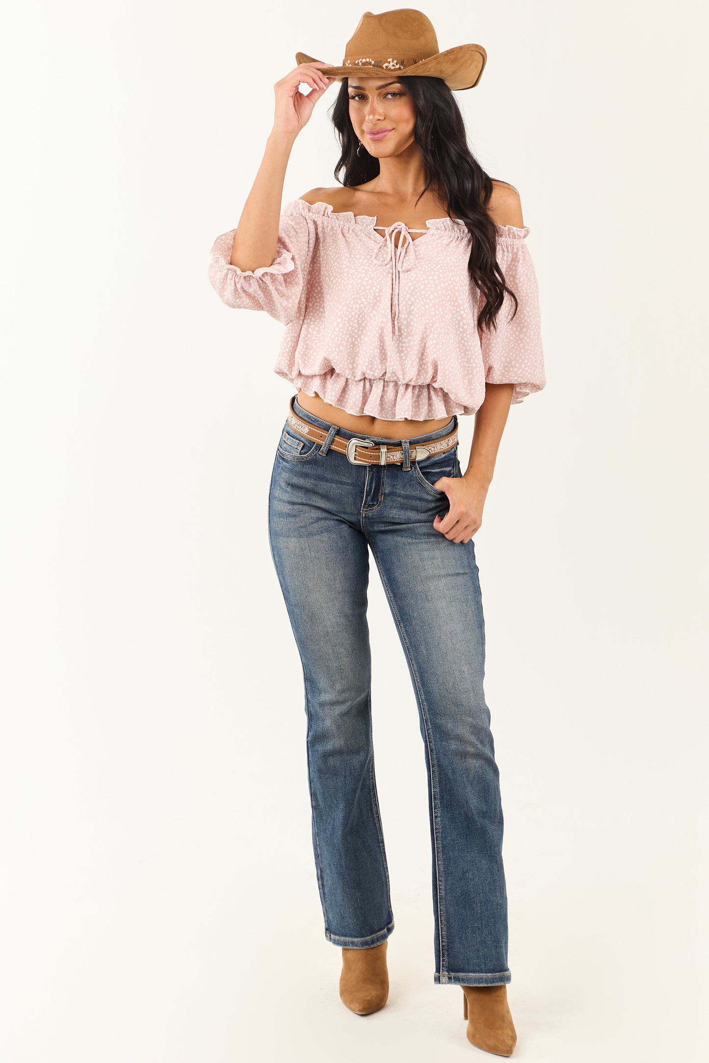 Dusty Blush Pebble Print Off Shoulder Crop Top